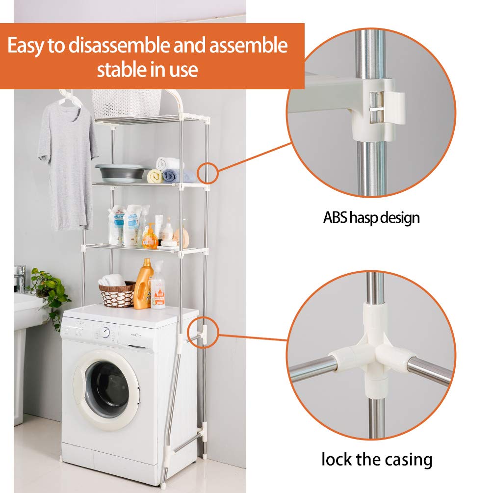 Adjustable 3-Tier Laundry Shelf for Over Washer & Dryer - Space Saving Bathroom Storage Rack with Clothes Hanger, Ivory - Perfect for Small Spaces, Apartment Organization & Above Toilet Storage