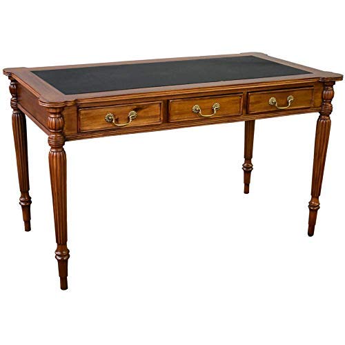Handcrafted Solid Mahogany Wood Desk with Genuine Leather Top - Brown Walnut Finish for Home Office, Study & Executive Workspace