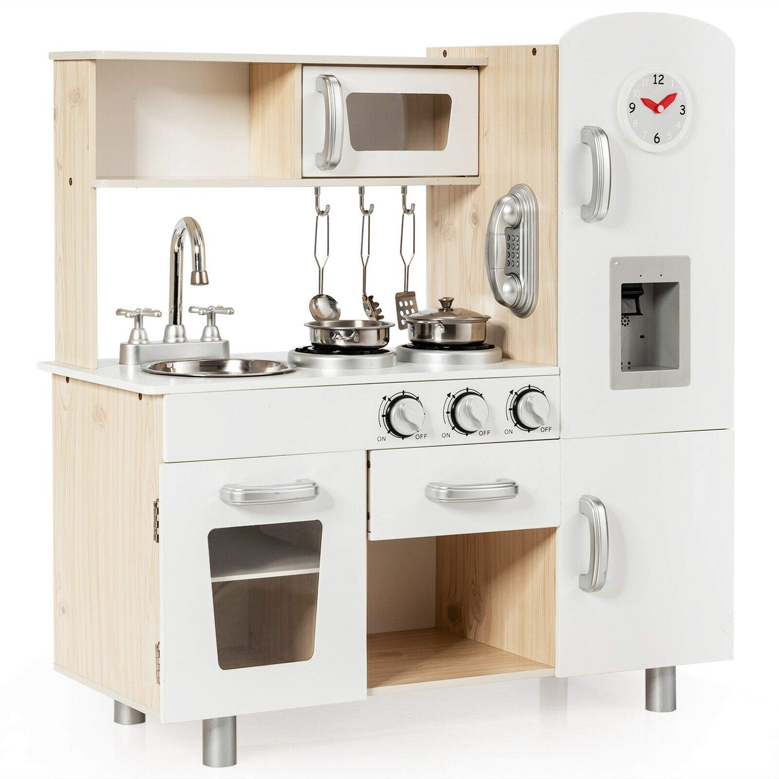 Costzon Wooden Kids Kitchen Playset with Oven, Sink, Cabinets & 20+ Pretend Cooking Accessories - Interactive Learning Toy for Toddlers Age 3+ | Perfect for Pretend Play, Role-Playing & Early Childhood Development (Natural)