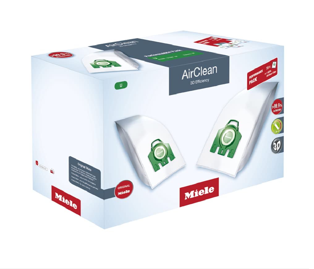 Miele Original Performance Pack AirClean 3D U Vacuum Cleaner Bags - 16 Bags + 1 HEPA Filter - Compatible with Miele C1, C2, C3 Vacuum Cleaners - Ideal for Pet Hair, Allergies & Deep Cleaning
