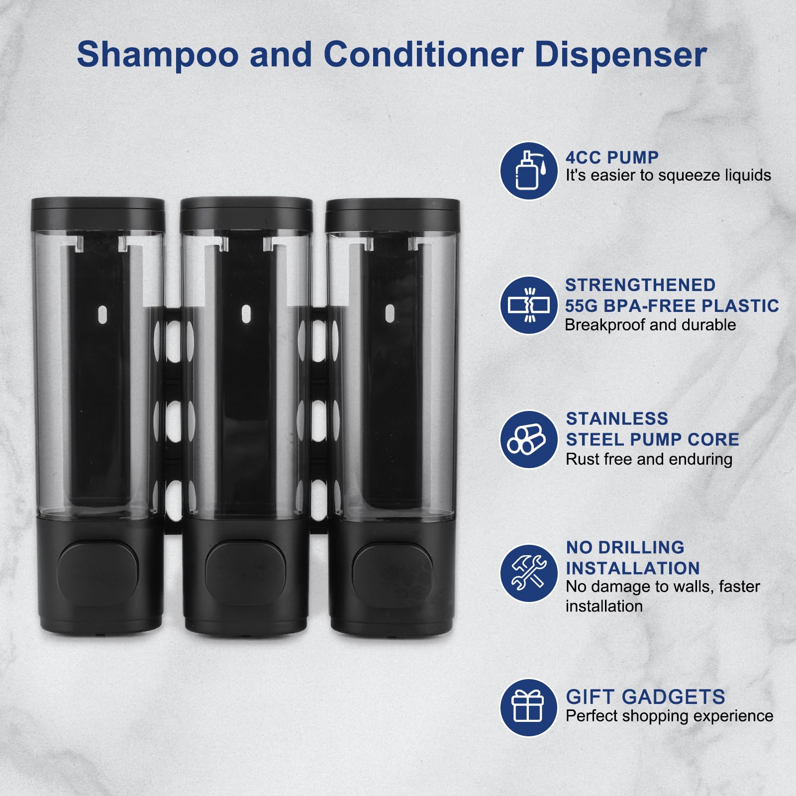 6-Piece No-Drill Shampoo and Conditioner Dispenser Set - Wall Mounted 3-Chamber Soap Dispenser for Bathroom, Kitchen & Hotel - Leakproof & Easy to Use (Black) - Perfect for Shower Organization and Space Saving in Small Bathrooms