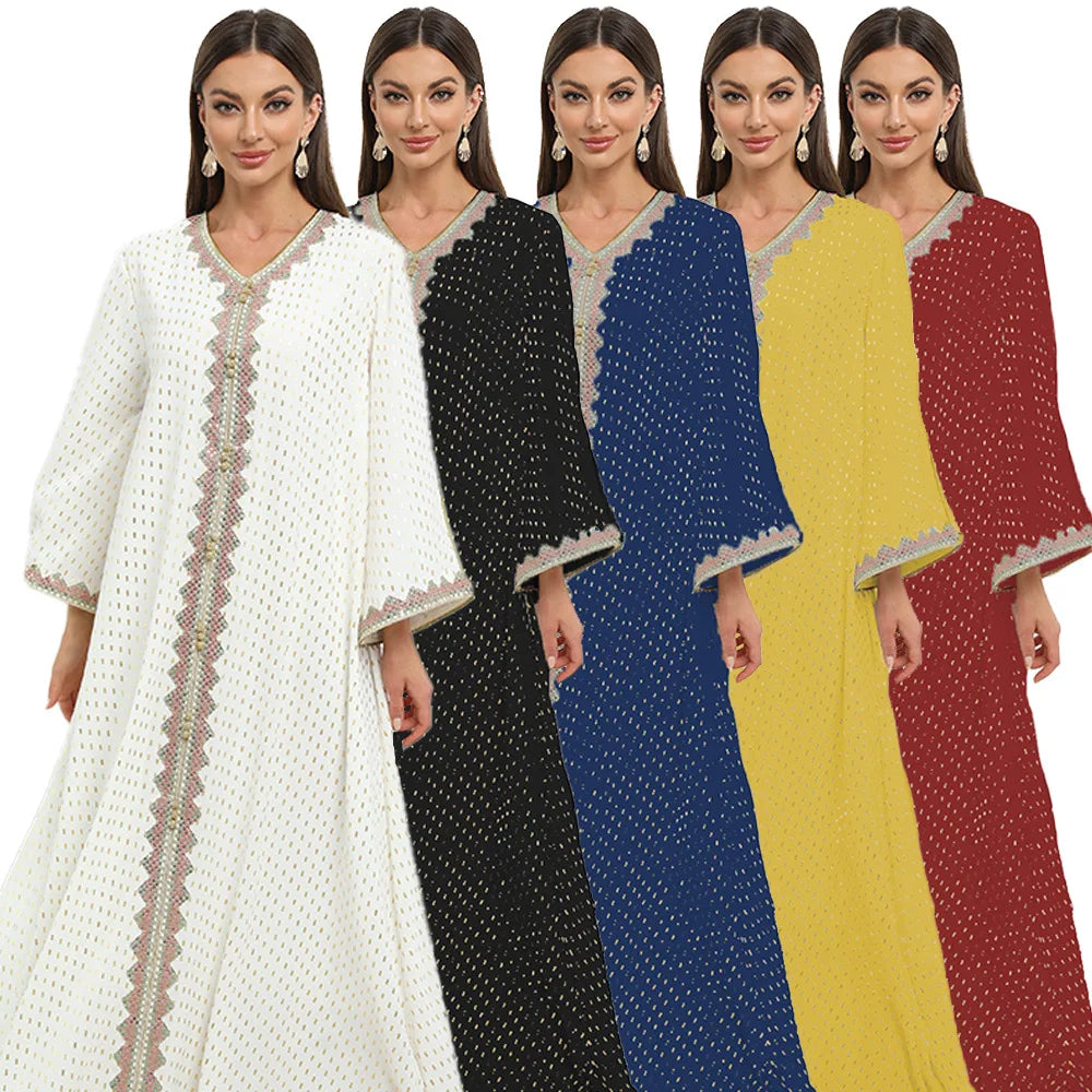 Elegant White Satin Striped V-Neck Abaya with Golden Trim - Perfect for Weddings, Parties & Special Occasions