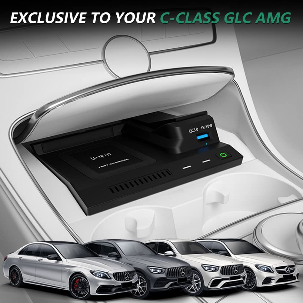 Wireless Car Charger for Mercedes Benz C-Class GLC AMG 2015-2022 - 15W Fast Charging Phone Mount Compatible with C180/C200/C260/C300/C450 & GLC200/GLC260/GLC300 AMG C43/C63/GLC43/GLC63 - Perfect for Road Trips & Daily Commutes