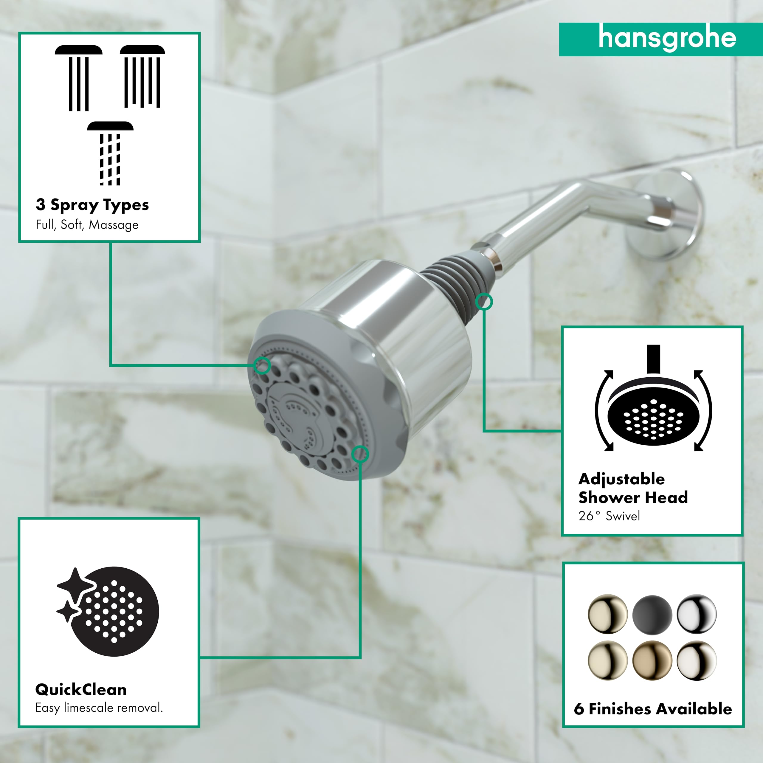 Hansgrohe Clubmaster 4-Inch Easy Clean Shower Head with 3 Spray Modes - Chrome Finish - Pulsating Massage & Soft Spray - QuickClean Technology - Perfect for Modern Bathrooms & Spa-Like Showers (Model 28496001)