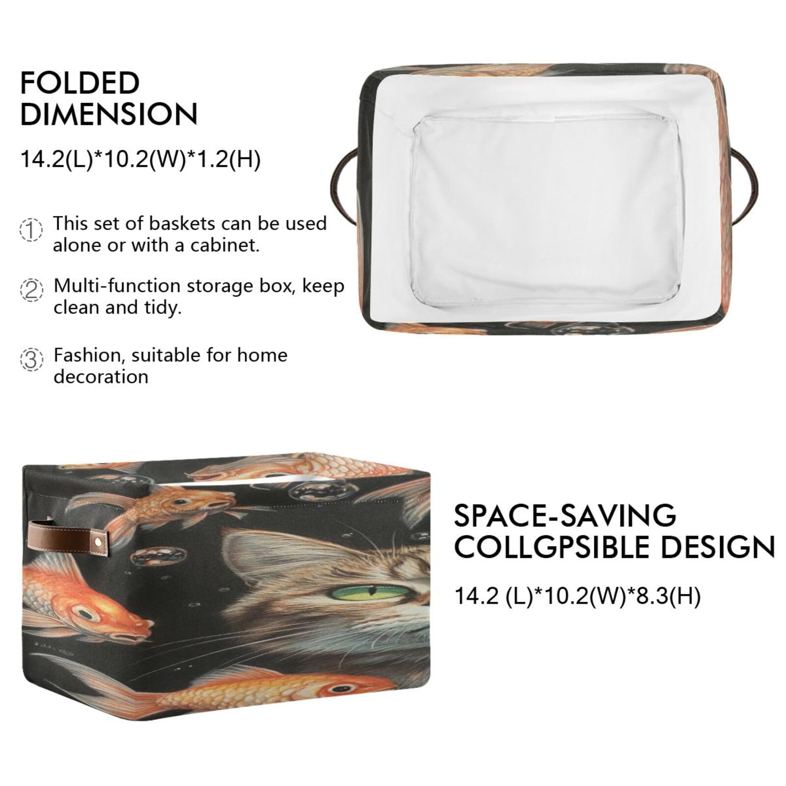 Large Foldable Storage Baskets with Handles - 2 Pack Closet Organizers & Home Storage Bins for Shelves | Perfect for Bedroom, Bathroom & Kids Room Organization | Cat-Themed Design