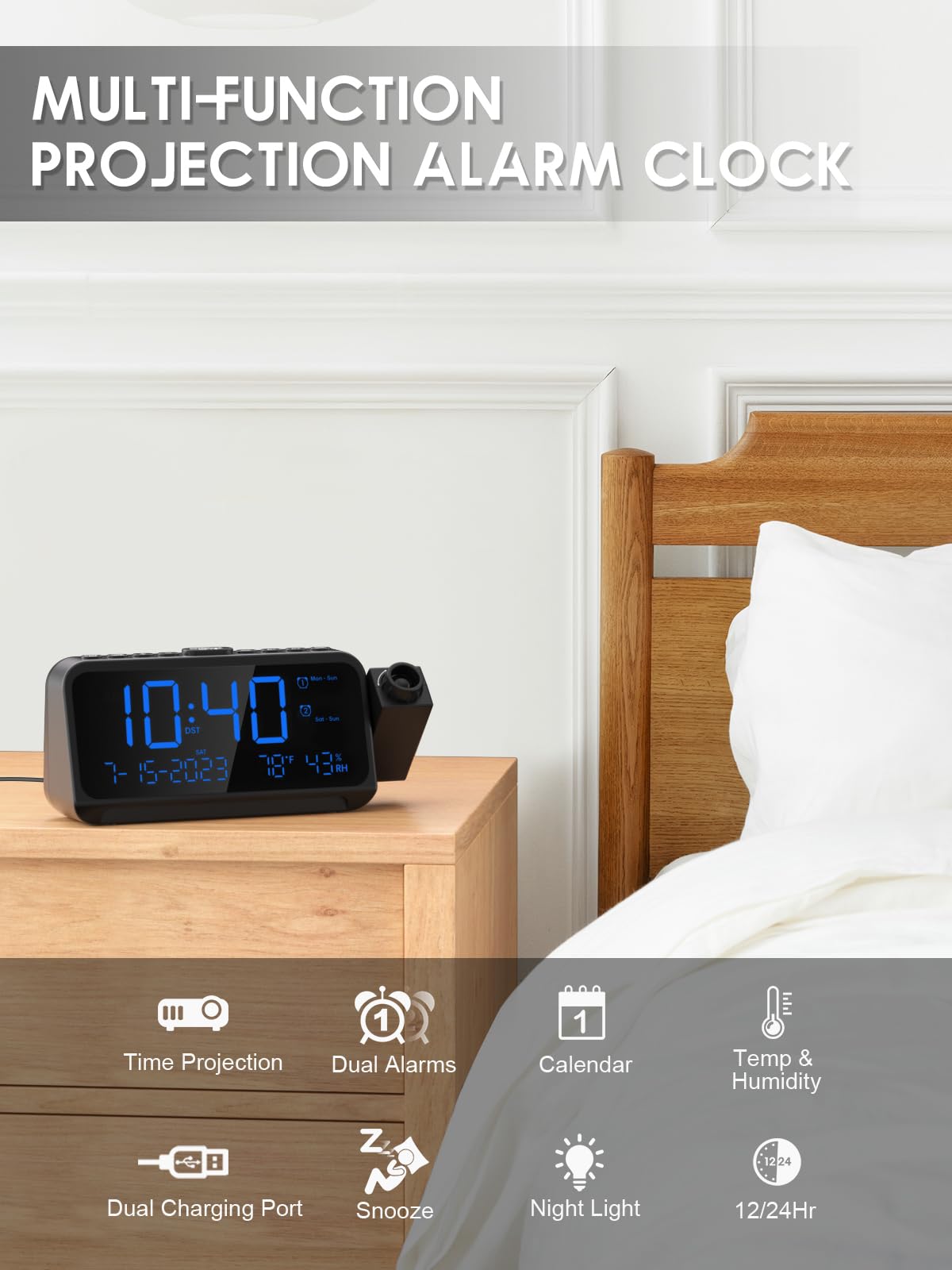 ROCAM Digital Projection Alarm Clock with Ceiling/Wall Display - 5-Level Dimmer, Dual Alarm (Weekday/Weekend Mode), Snooze, Temperature Display & USB Charging Ports | Perfect for Bedrooms, Home Offices & Nightstands