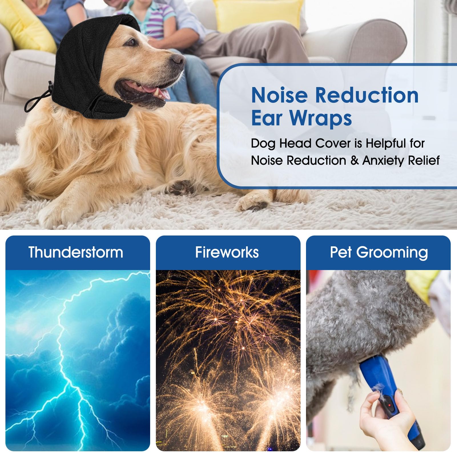 SUNFURA Dog Calming Hoodie - Anxiety Relief & Noise Protection for Dogs | Anti-Shake Ear Wraps for Fireworks, Grooming & Force Drying | Pet Neck Warmer & Ear Muffs for Noise Cancelling (Black, Medium) | Perfect for Nervous Pets During Storms, Travel & Vet Visits