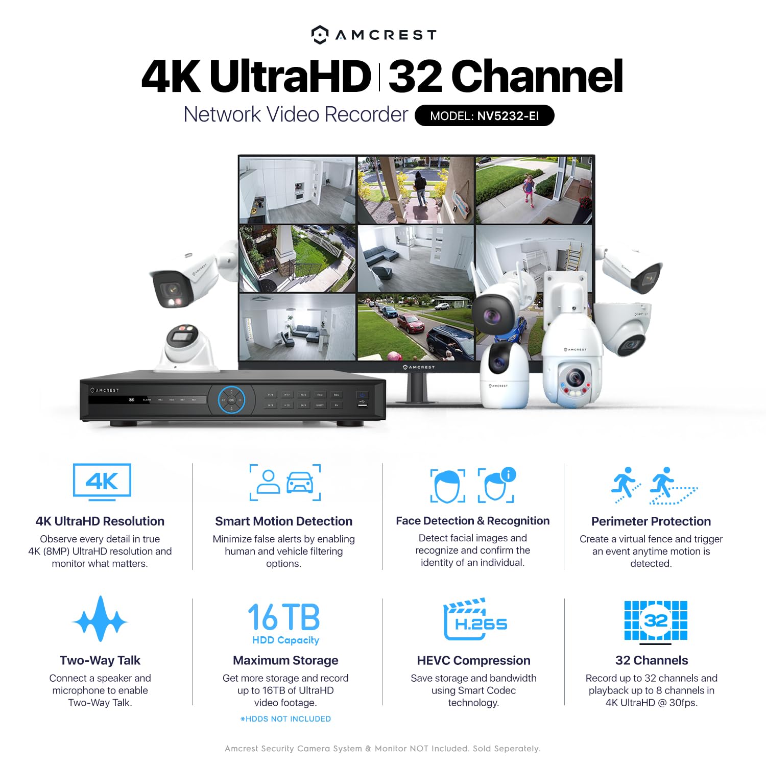 Amcrest 4K NV5232-EI 32CH AI NVR Security System with Facial & Vehicle Detection - Supports 32 x 4K IP Cameras & 2 x 16TB HDD (HDD Not Included) - Ideal for Home Security, Business Surveillance & Smart Office Monitoring