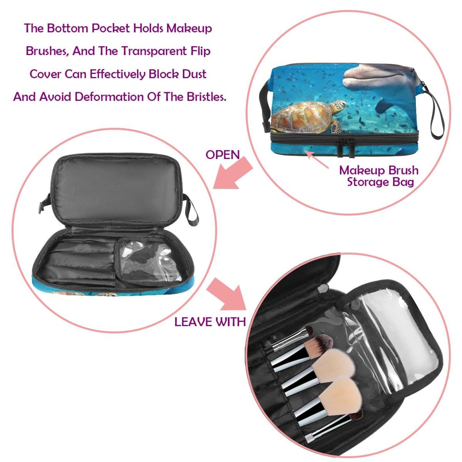 Waterproof Makeup Bag for Women - Large Travel Cosmetic Organizer with Brush Holder, Dolphin & Sea Turtle Design - Perfect for Travel, Gym, and Daily Use