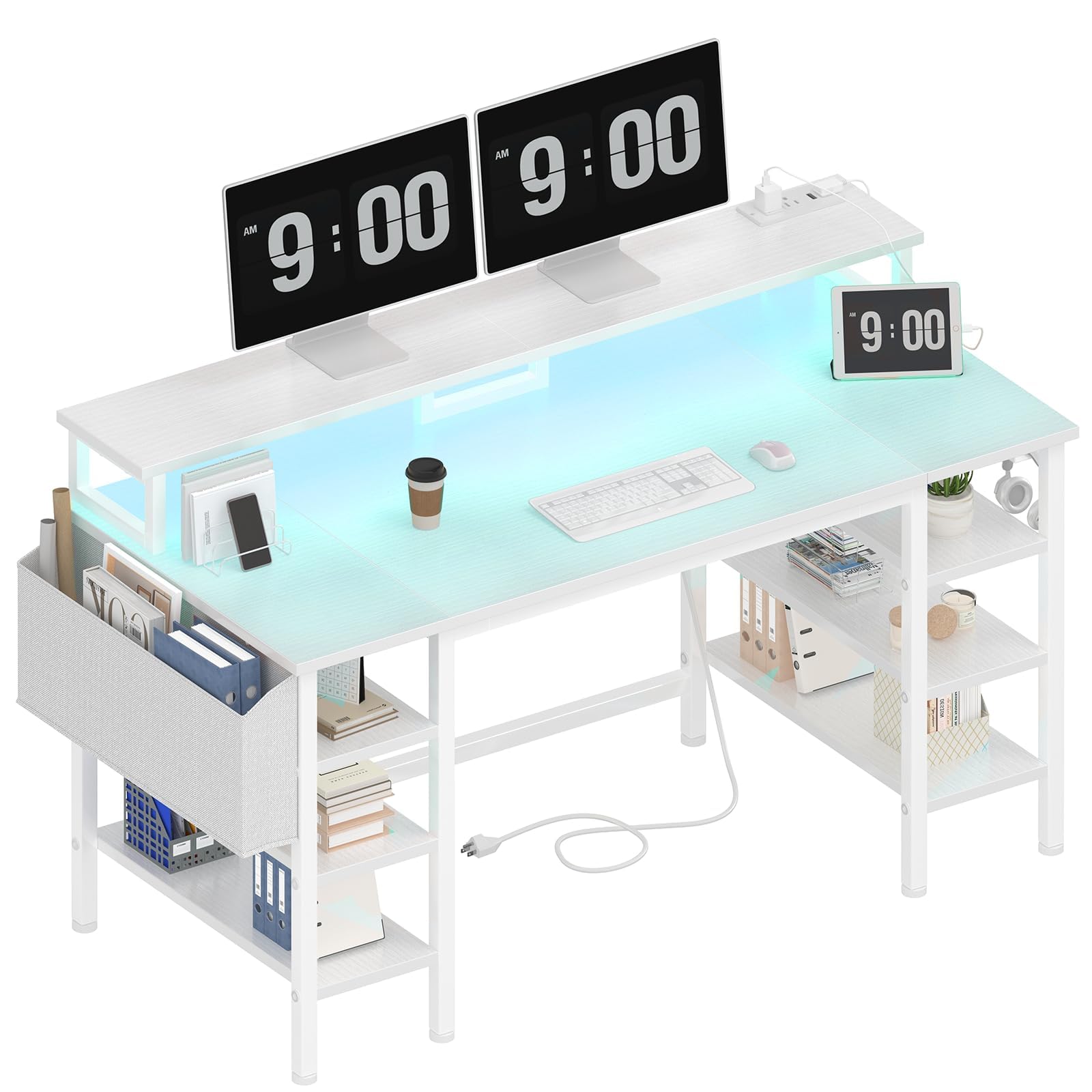 Lufeiya 47-inch White Modern Computer Desk with Storage Shelves, LED Lights & Power Outlets - Home Office Desk, Gaming Desk with Monitor Stand - Perfect for Small Spaces, Workstations & Gaming Setups
