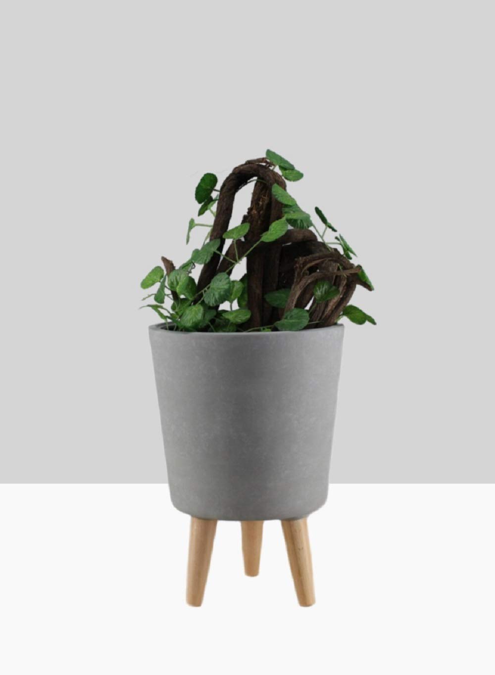 Serene Spaces Matte Grey Ceramic Plant Pot Holder with Wooden Legs - 15