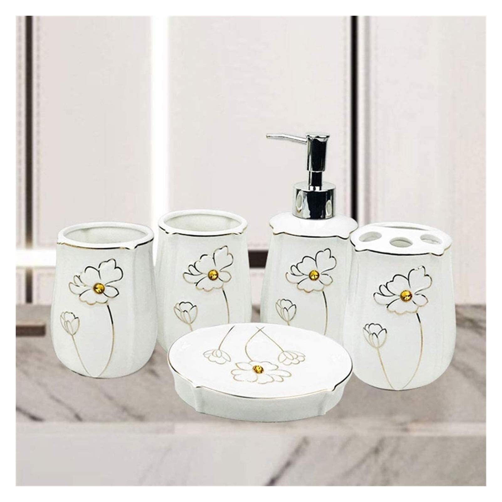 5-Piece Bathroom Soap Dispenser Set - Glass & Ceramic Toothbrush Holder, Soap Dish & Lotion Dispenser for Hotel & Home Decor | Modern Bath Accessories for Spa-Like Experience
