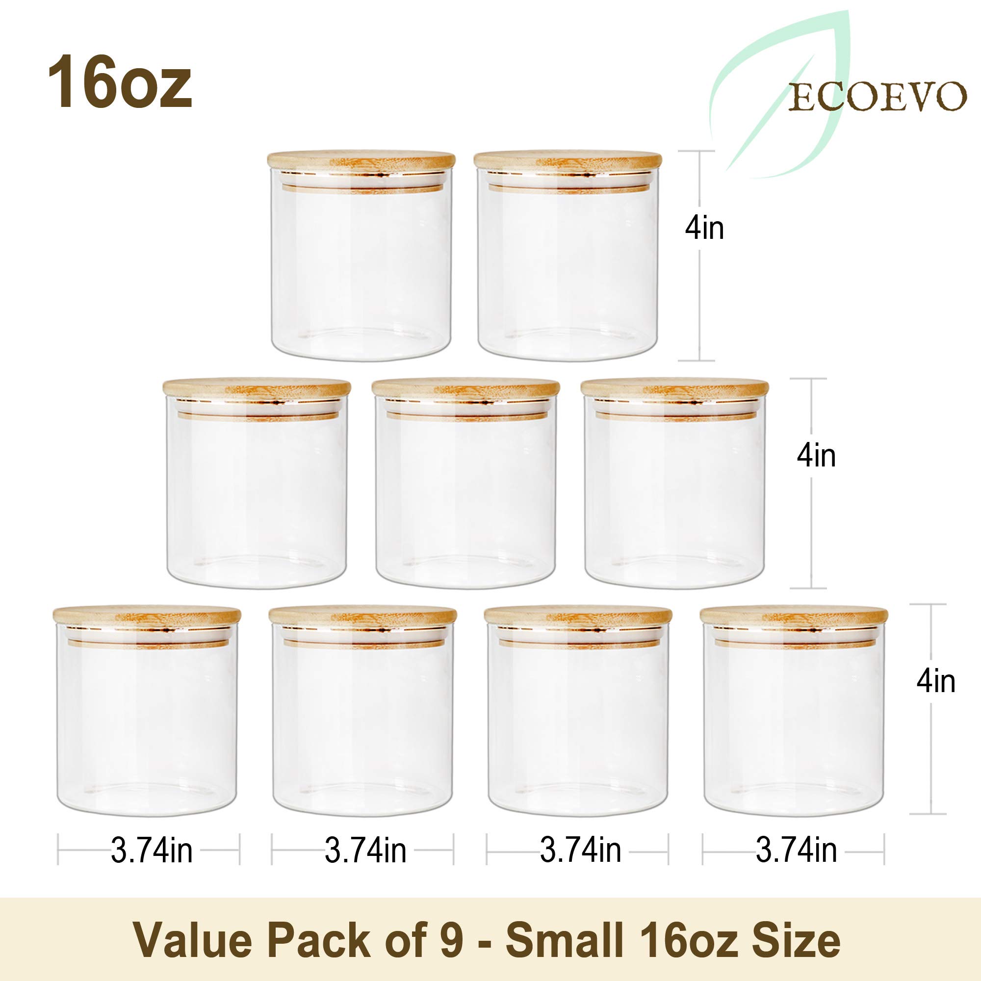 16oz Glass Jars with Bamboo Lids (9-Pack) - Airtight Food Storage Containers for Pantry Organization, Spice Jars, Dry Goods & Kitchen Decor - Perfect for Coffee, Tea, Flour & Sugar Storage