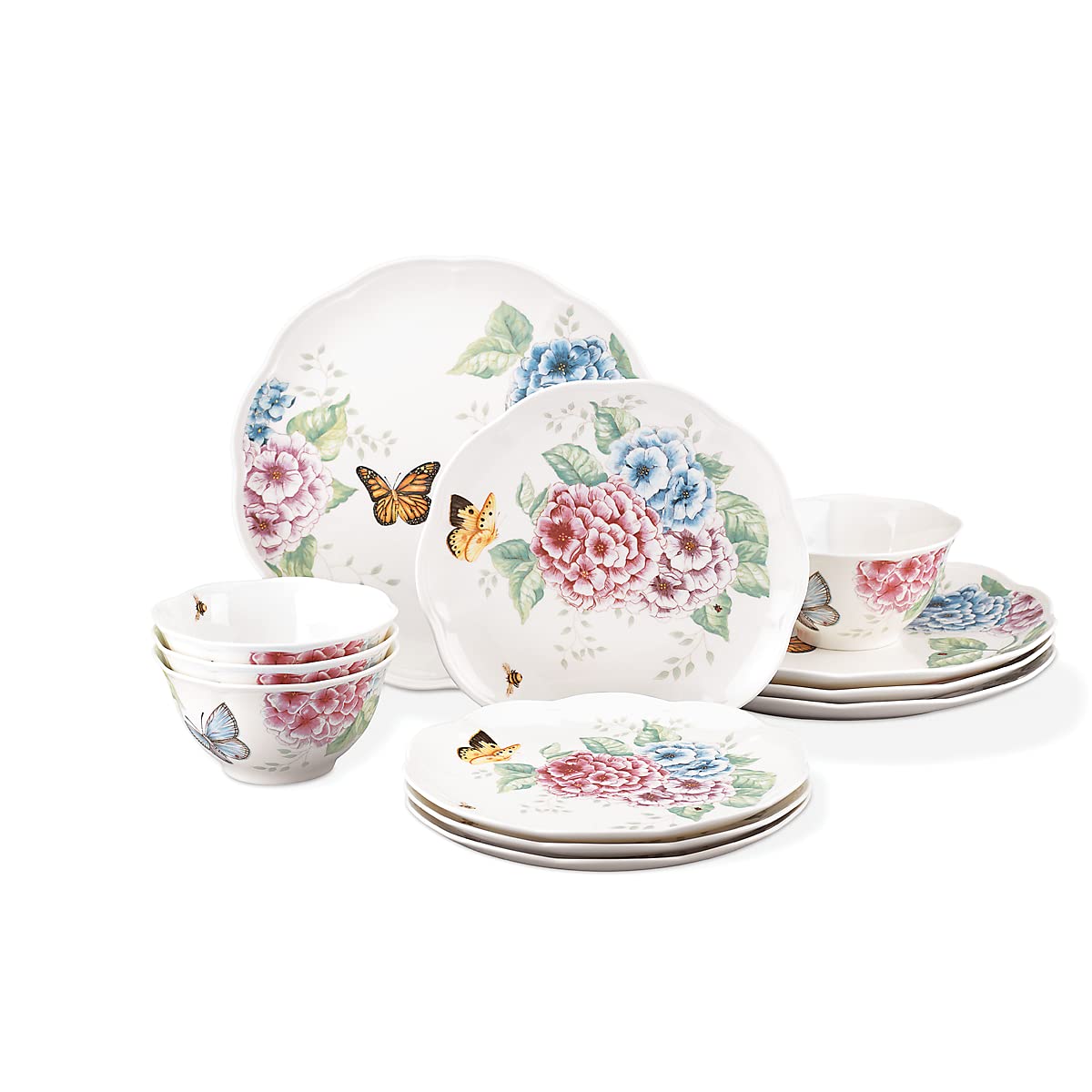 Lenox Butterfly Meadow Hydrangea 12-Piece Dinnerware Set - Elegant Floral Tableware for Everyday Dining & Special Occasions