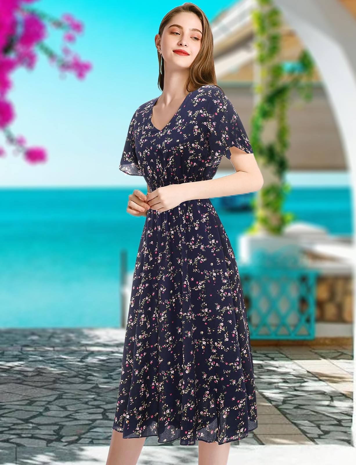 Gardenwed Women's Chiffon Floral Summer Dress - Elastic Waist Beach Sundress for Outdoor Parties, Vacations & Casual Wear