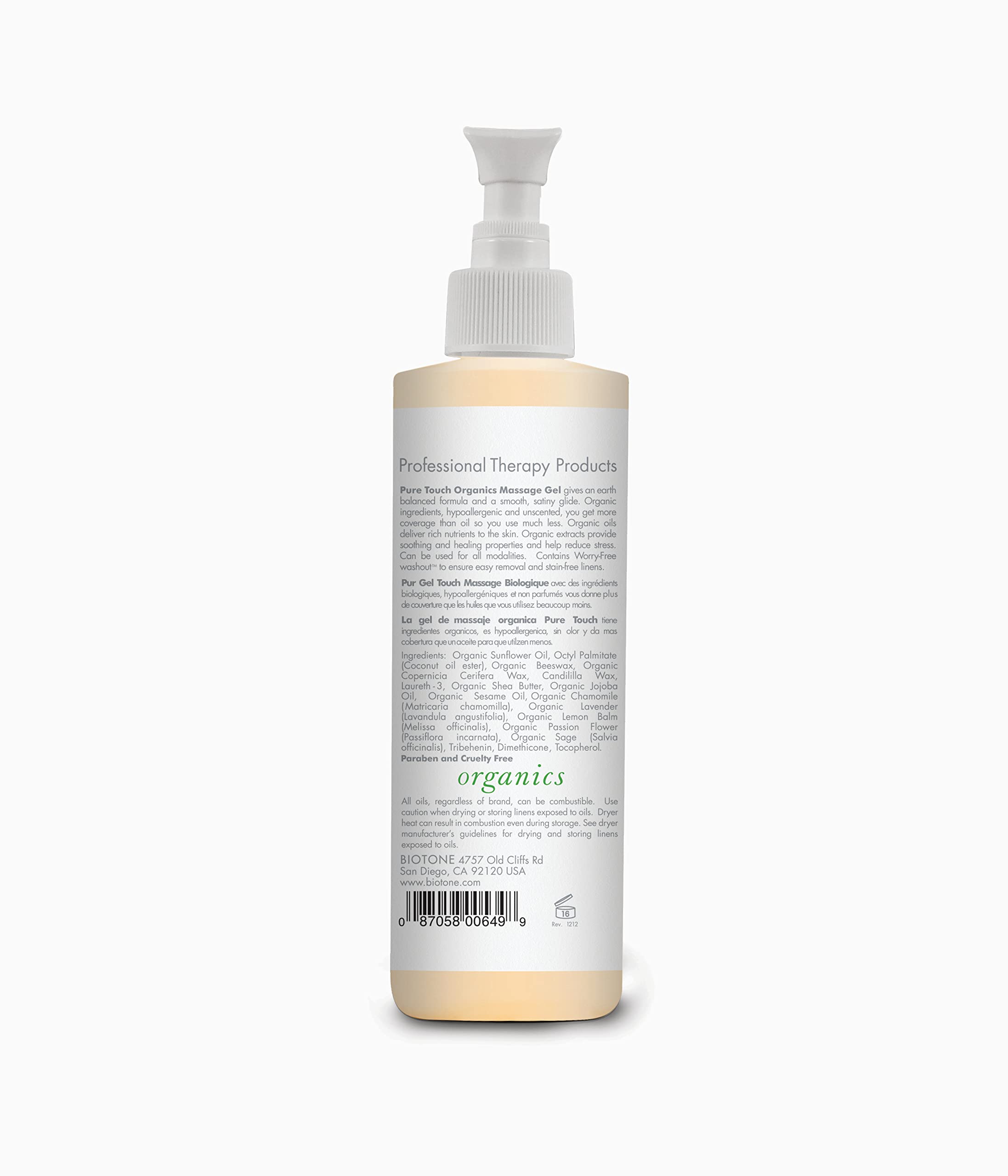 Biotone Pure Touch Organics Massage Gel - 8 oz | Natural & Organic Massage Lotion for Relaxation & Pain Relief | Perfect for Spa, Home Use & Professional Massage Therapists