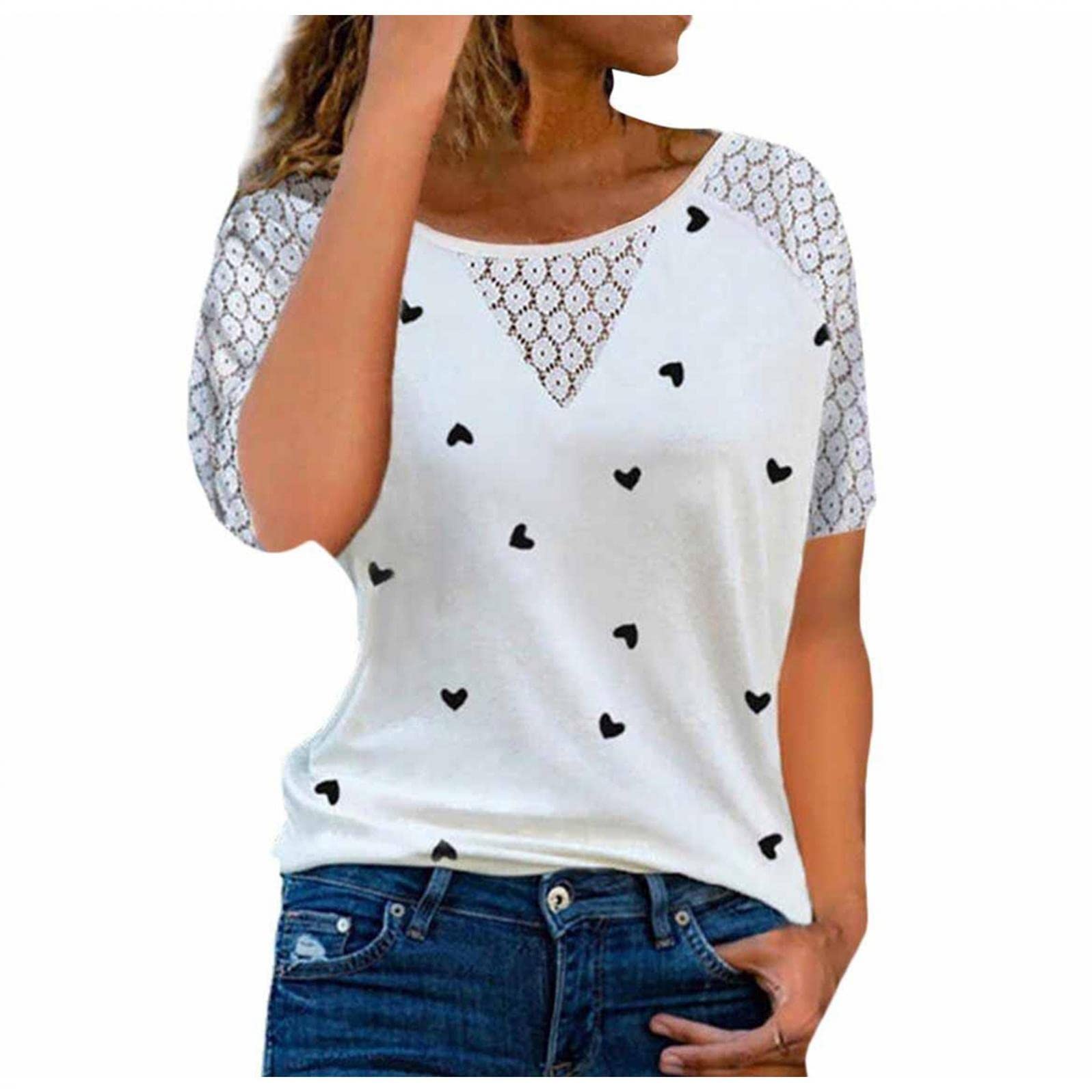 Women's Lace Tops Round Neck Casual Heart Print Short Sleeve Tunic T-Shirt Blouse - Trendy Floral Lace Shirt for Summer, Date Night & Office Wear