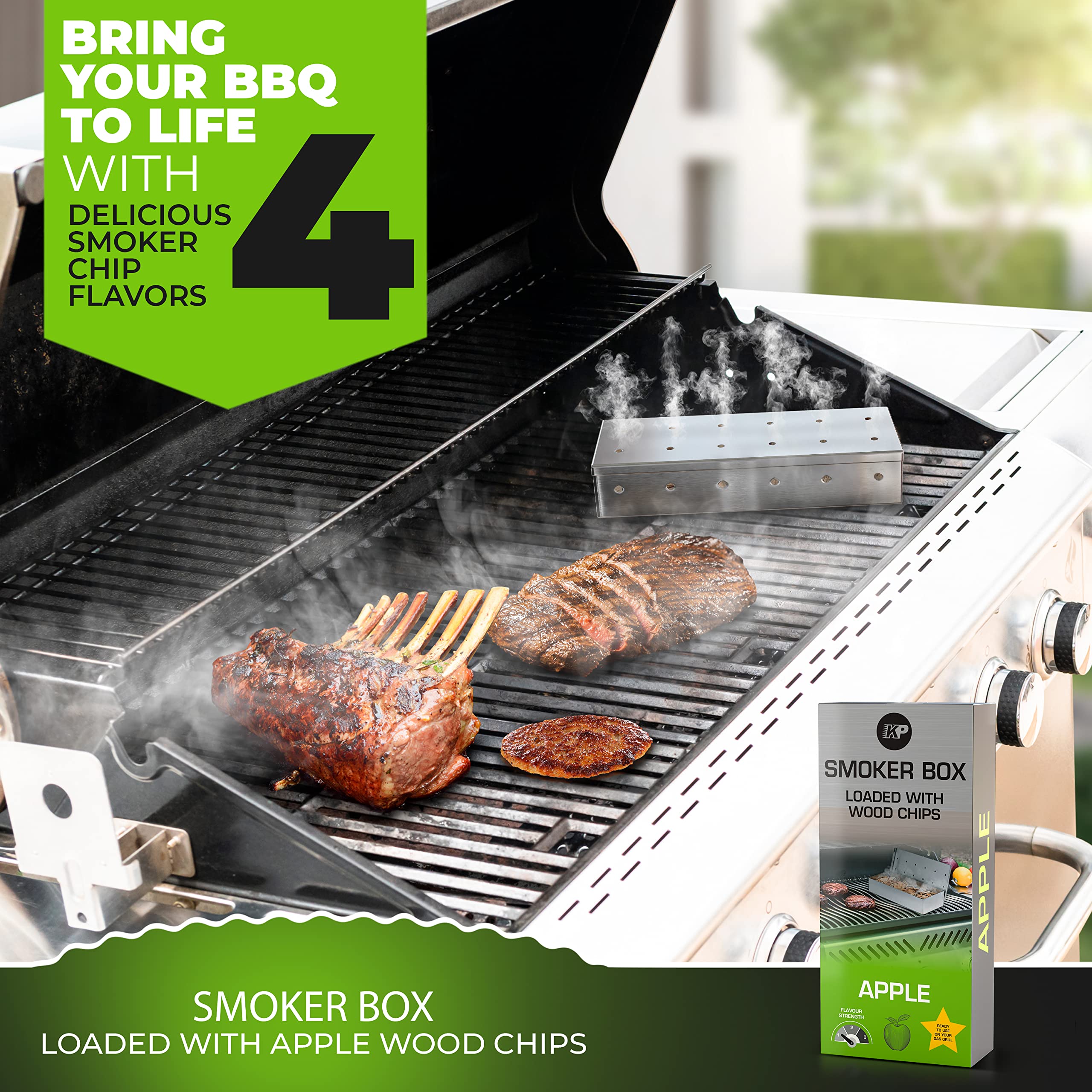Premium Smoker Box for Gas Grill - Pre-Filled with Apple Wood Chips for Rich Smoky Flavor - Compatible with Propane & Pellet Grills - Perfect for BBQ, Grilling, and Smoking Meats at Backyard Parties and Camping Trips