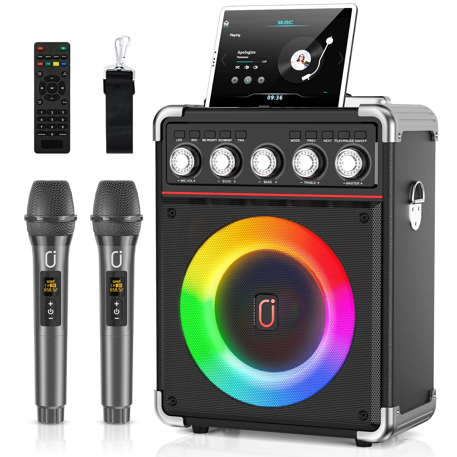 Portable Bluetooth Karaoke Machine with 2 Wireless Microphones - HWWR Professional PA Speaker System with Bass/Treble Control, LED Lights & Remote - Perfect for Home Parties, Kids' Singing Practice & Outdoor Gatherings (Supports REC/USB/AUX Input)