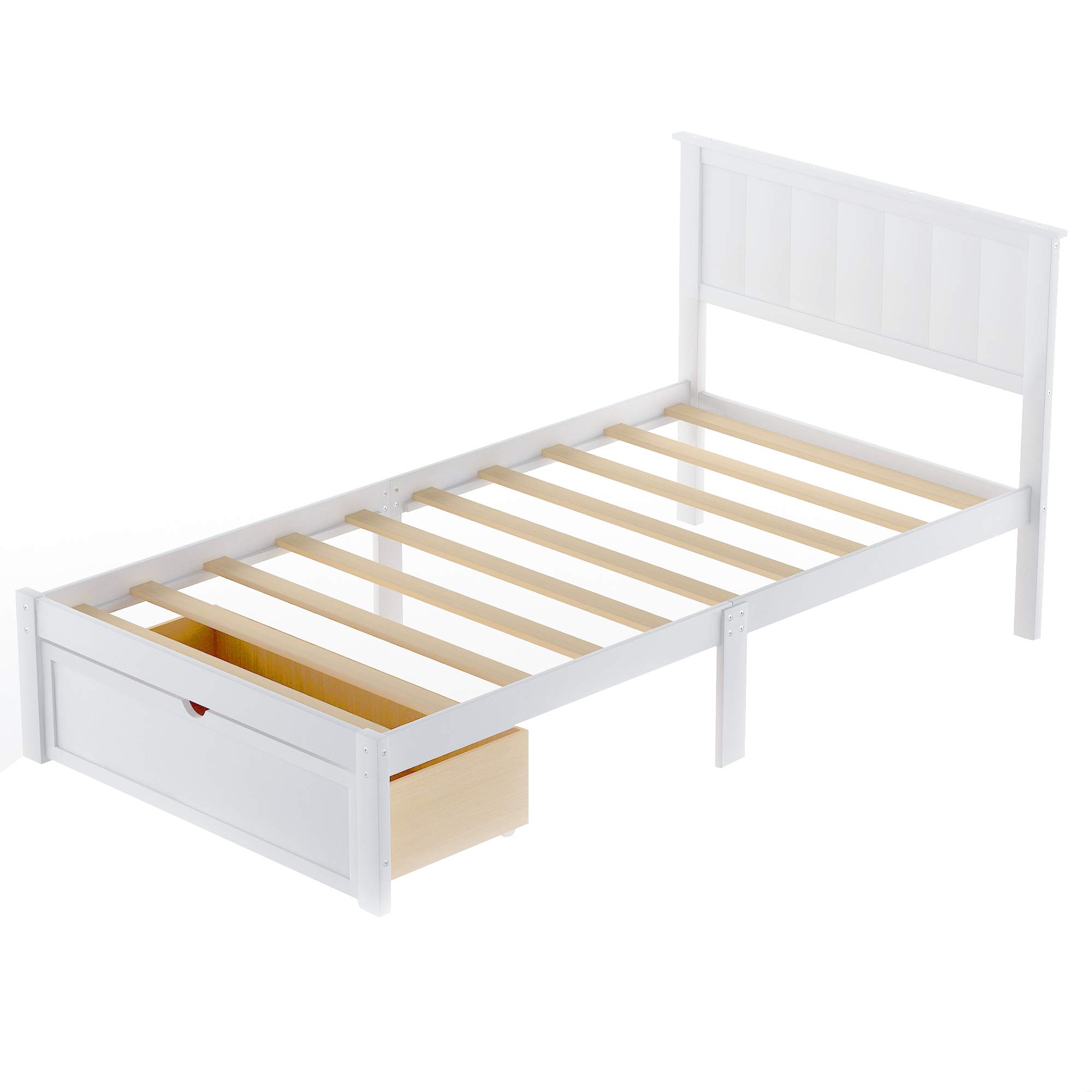 Merax Twin Bed Frame with Storage Drawer - Wood Platform Bed for Kids, No Box Spring Needed, White - Perfect for Small Bedrooms, Dorm Rooms & Kids' Bedrooms