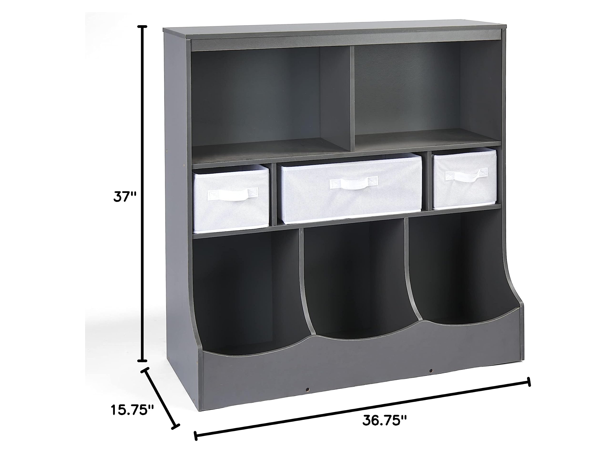 Badger Basket Kids Toy Storage Organizer with 3 Bins & Bookshelf - Charcoal Gray | Space-Saving Nursery, Playroom & Classroom Organization Solution