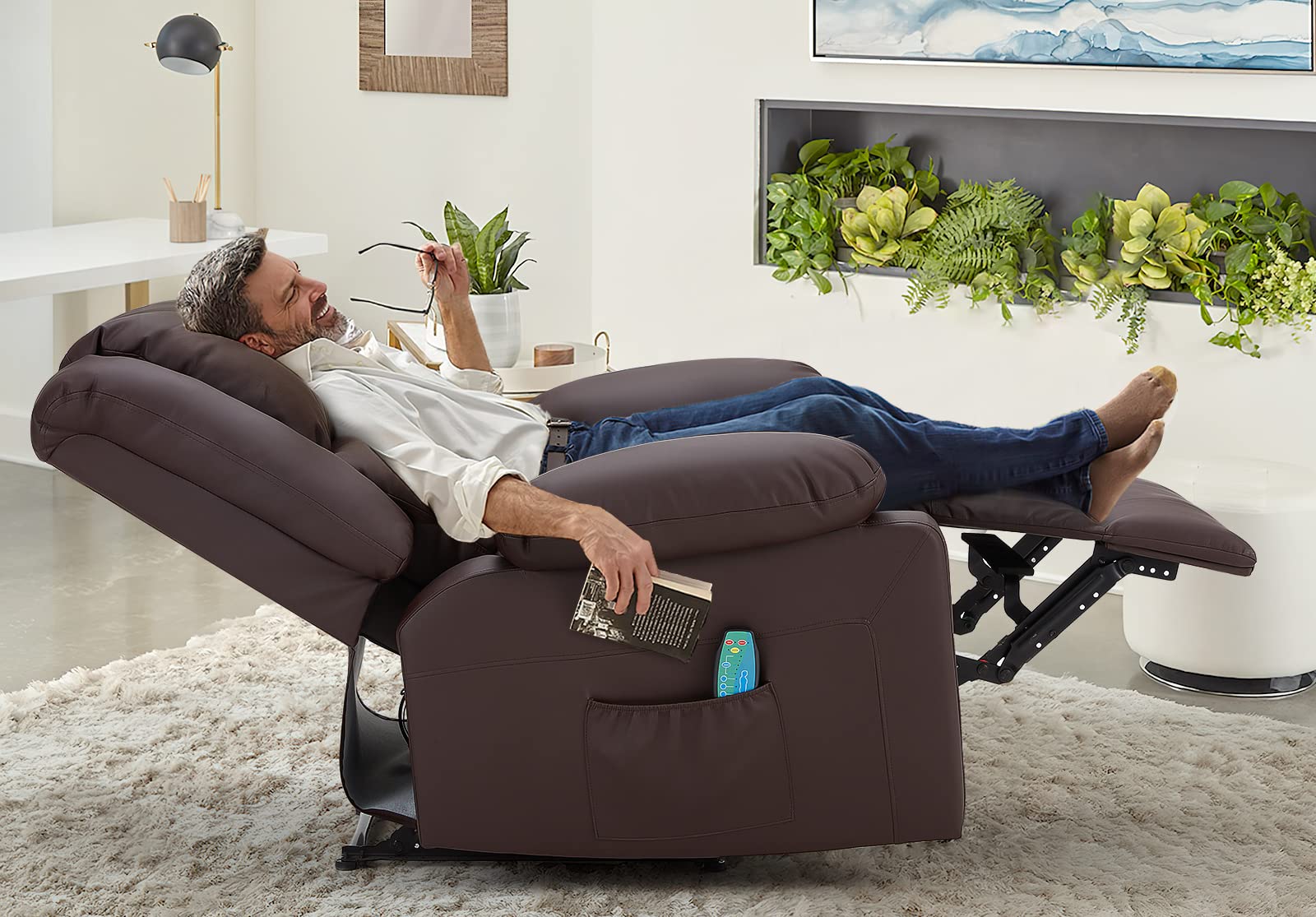 Premium Massage Recliner Chair with Heat Function - 360° Swivel & Rocking Motion, Faux Leather Living Room Sofa for Adults, Home Theater Seating with Convenient Side Pockets (Brown) - Perfect for Relaxation, Movie Nights & Living Room Comfort