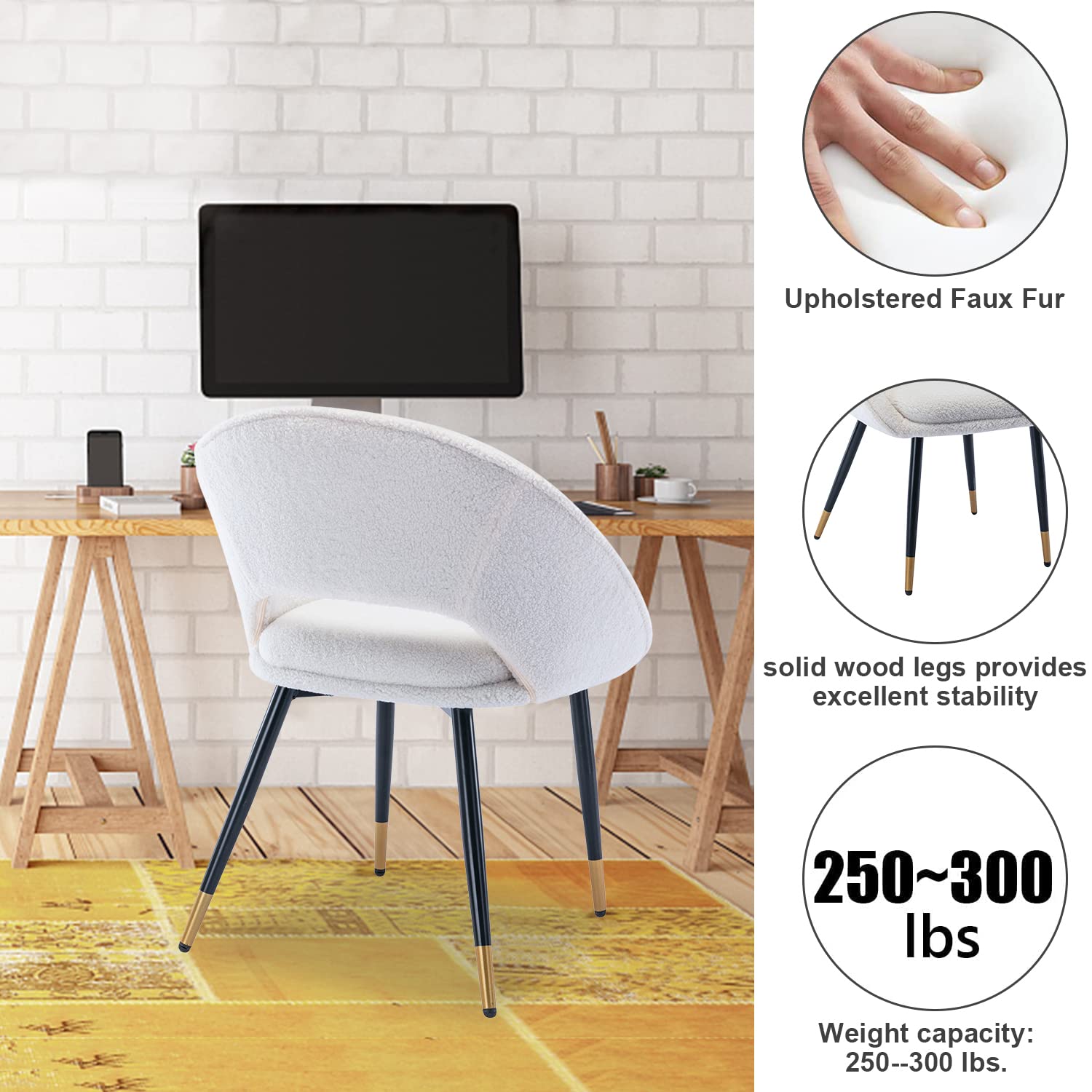 Goujxcy White Faux Fur Upholstered Office Chair - Modern Armchair for Desk, Dining & Living Room - Comfortable Vanity Chair with Sturdy Metal Legs (Perfect for Home Office, Study Room & Lounge Areas)