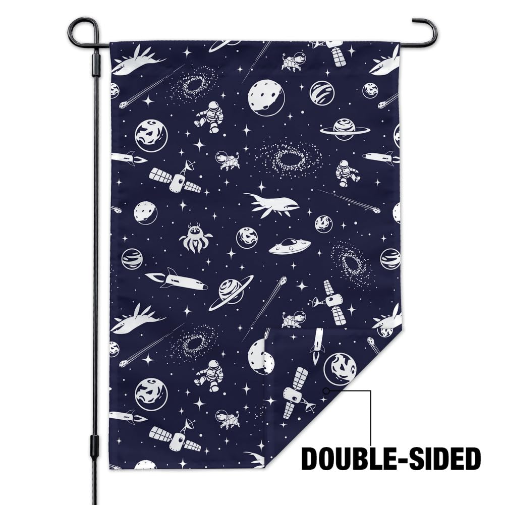 Vibrant Space Themed Garden Flag with Stars, Planets, Aliens, Astronauts & Spaceships - Perfect for Outdoor Decor, Yard Art & Sci-Fi Enthusiasts