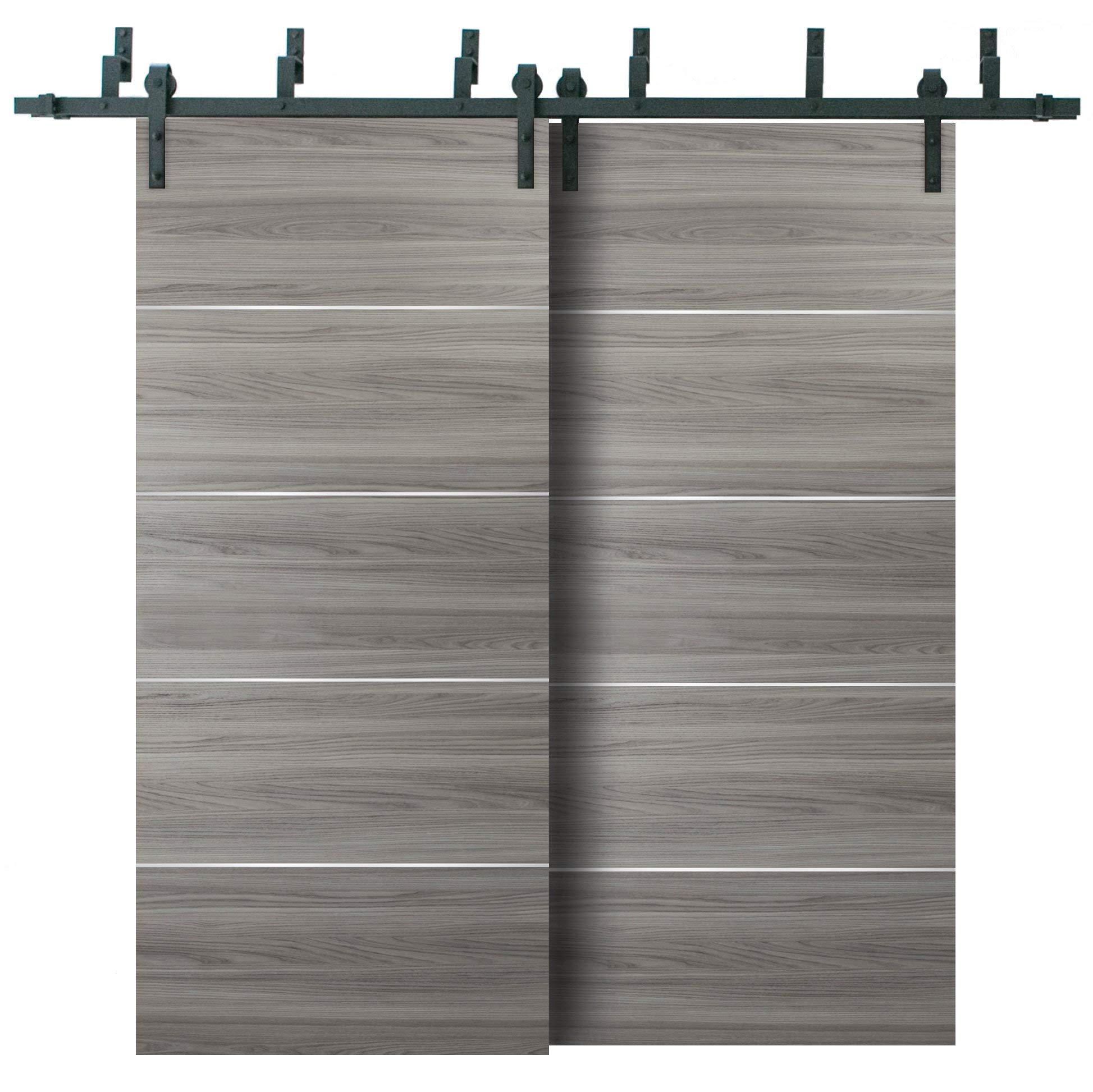 SARTODOORS 72 x 80 Inch Double Bypass Barn Sliding Doors with 6.6FT Rails - Grey Ginger Ash Finish - Heavy Duty Top Mount 2-Track System - Modern Solid Core Closet Doors for Bedroom, Living Room & Office Spaces