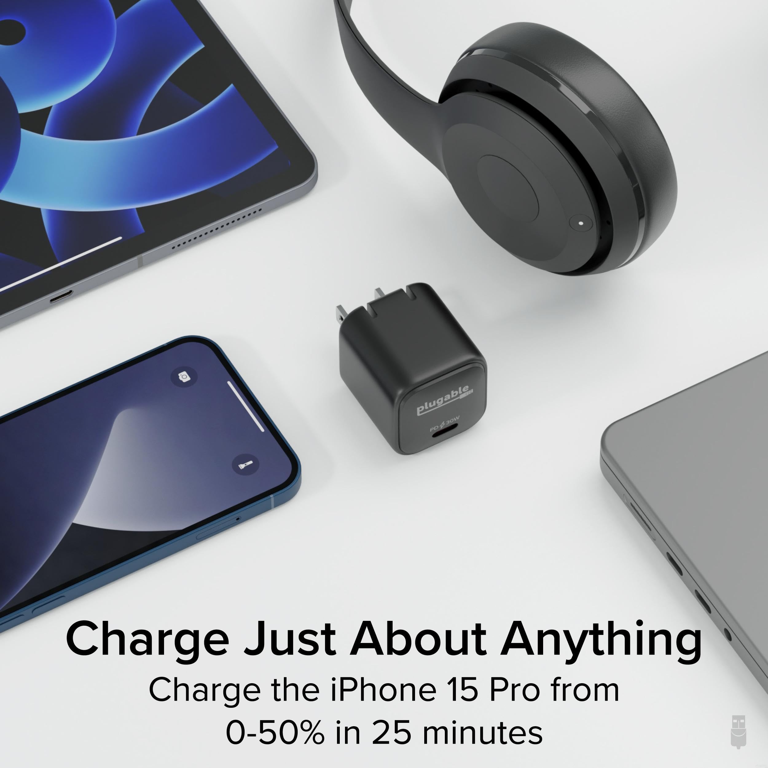 Plugable 30W GaN USB C Fast Charger Block with Foldable Prongs - PPS Charger for iPhone 16/16 Pro/16 Pro Max, iPad Pro, Samsung Galaxy S23, AirPods - Compact Travel Charger for Home, Office & Car (Black)