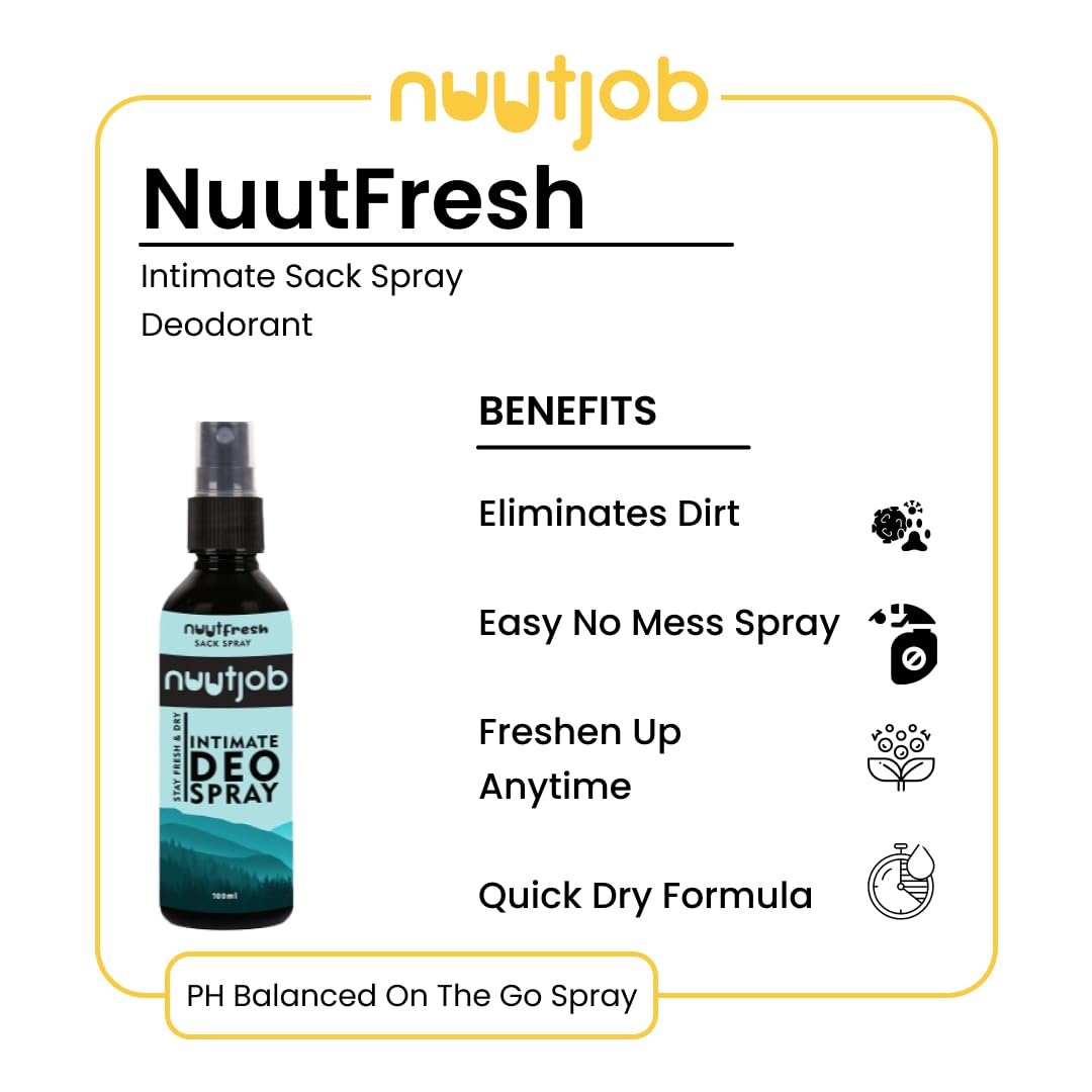 Nuutjob NuutFresh Intimate Deodorant Spray for Men 100ml - Anti Itch & Odor Control, Tea Tree & Witch Hazel Formula, Alcohol & Paraben Free - Ideal for Active Lifestyles, Gym & Daily Comfort