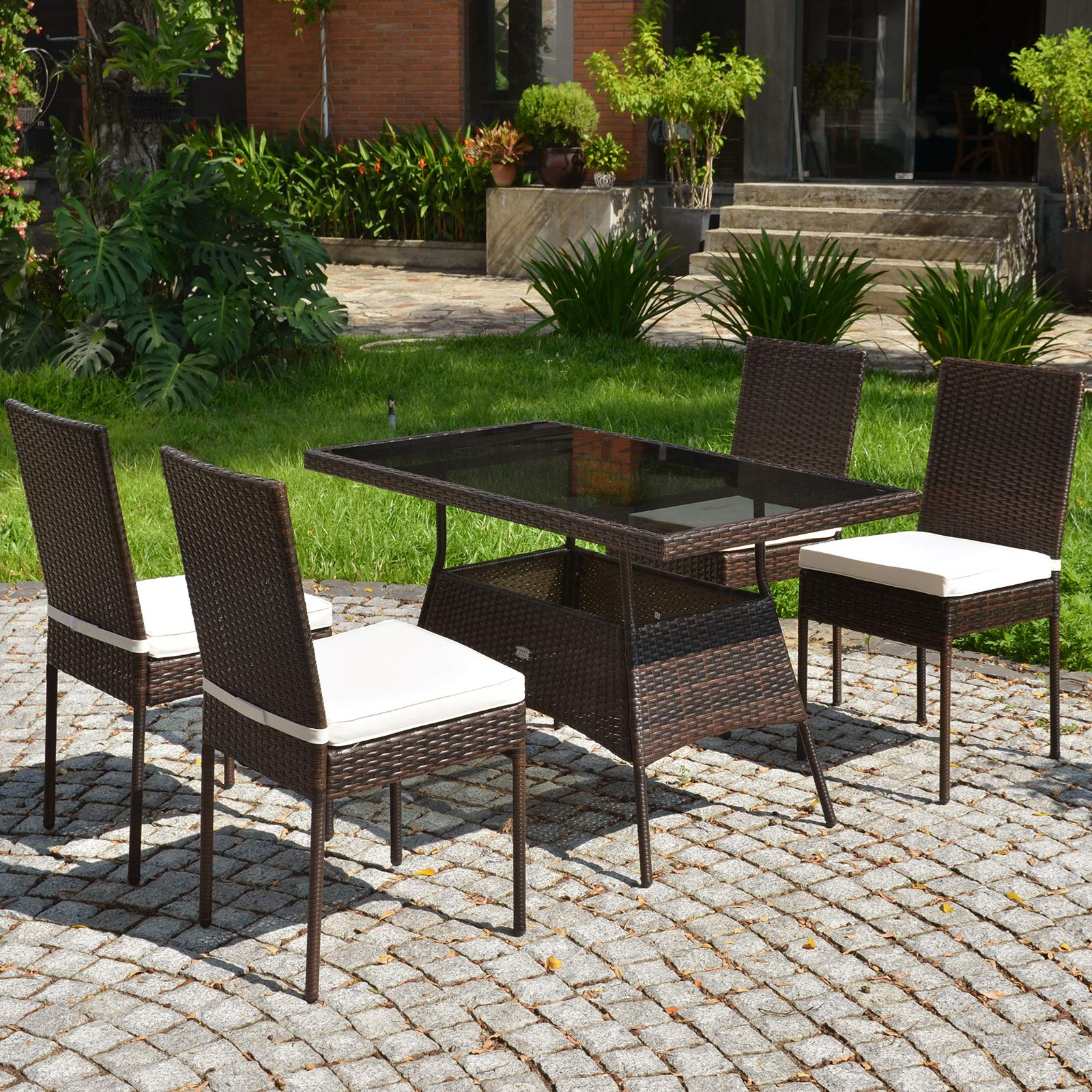 Tangkula 5-Piece Outdoor Wicker Dining Set with Tempered Glass Table & Cushioned Chairs - Patio Furniture for Garden, Poolside, Balcony or Backyard Dining & Entertaining