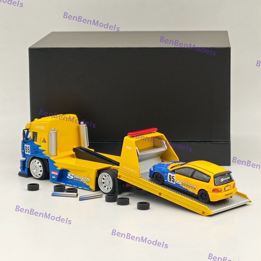 1:64 Scale SH KamAZ Spoon Sports Flatbed Tow Truck with Honda Civic EG6 Spoon #95 Diecast Model Car - Perfect for Collectors, Racing Enthusiasts, and Display Showcases