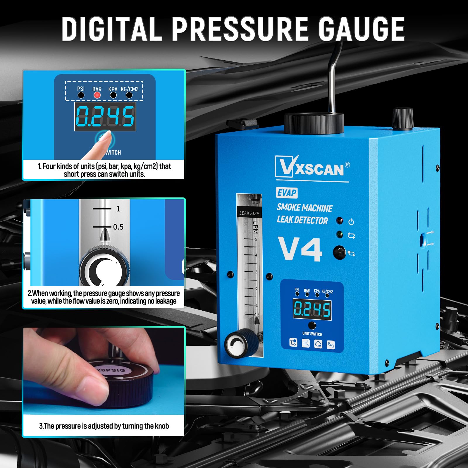 Automotive EVAP Smoke Machine Leak Detector V4 | Digital Pressure Gauge & Air Flowmeter | 12V Vehicle Diagnostic Tester for Cars, Motorcycles, Trucks, Boats, ATVs | Find Vacuum & Fuel System Leaks Fast | Perfect for DIY Mechanics & Professional Auto Shops