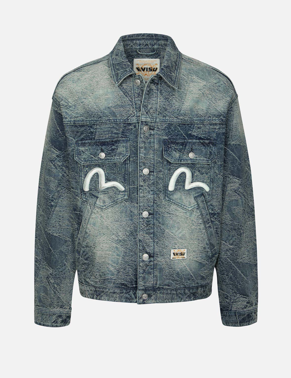 Stylish Allover Pocket Print & Seagull Embroidery Loose Fit Denim Jacket for Women - Casual Streetwear, Spring/Fall Outerwear