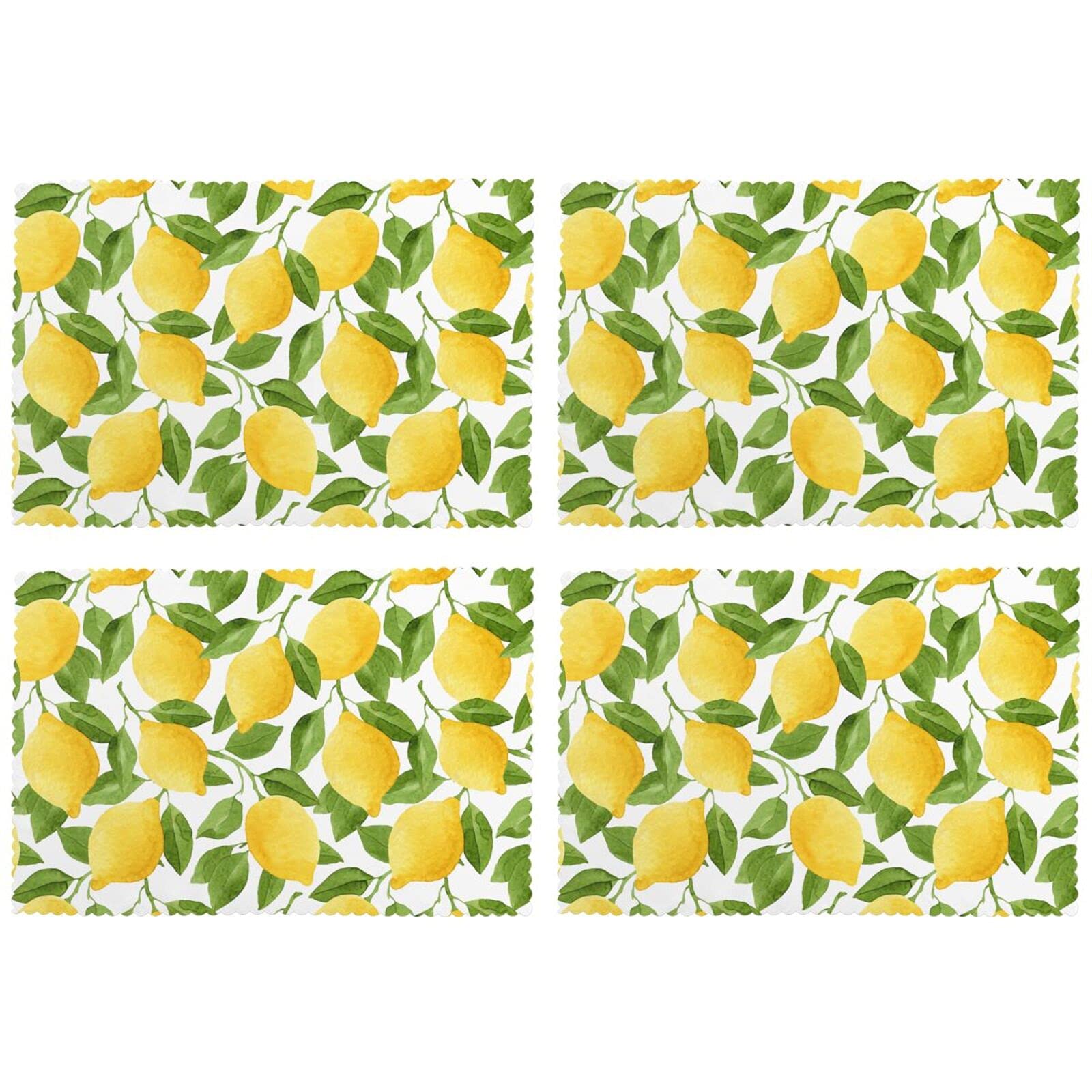 VunKo 4-Pack Yellow Lemon Print Placemats - 12 x 18 Inch Washable & Heat-Resistant Table Mats for Kitchen, Dining Table - Summer Fruit Theme Home Decor - Perfect for Picnics, Outdoor Dining & Party Table Settings
