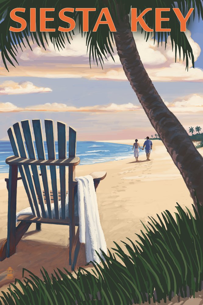 Signed 24x36 Siesta Key Florida Beach Adirondack Chair Art Print - Wall Decor Poster for Living Room, Bedroom & Office