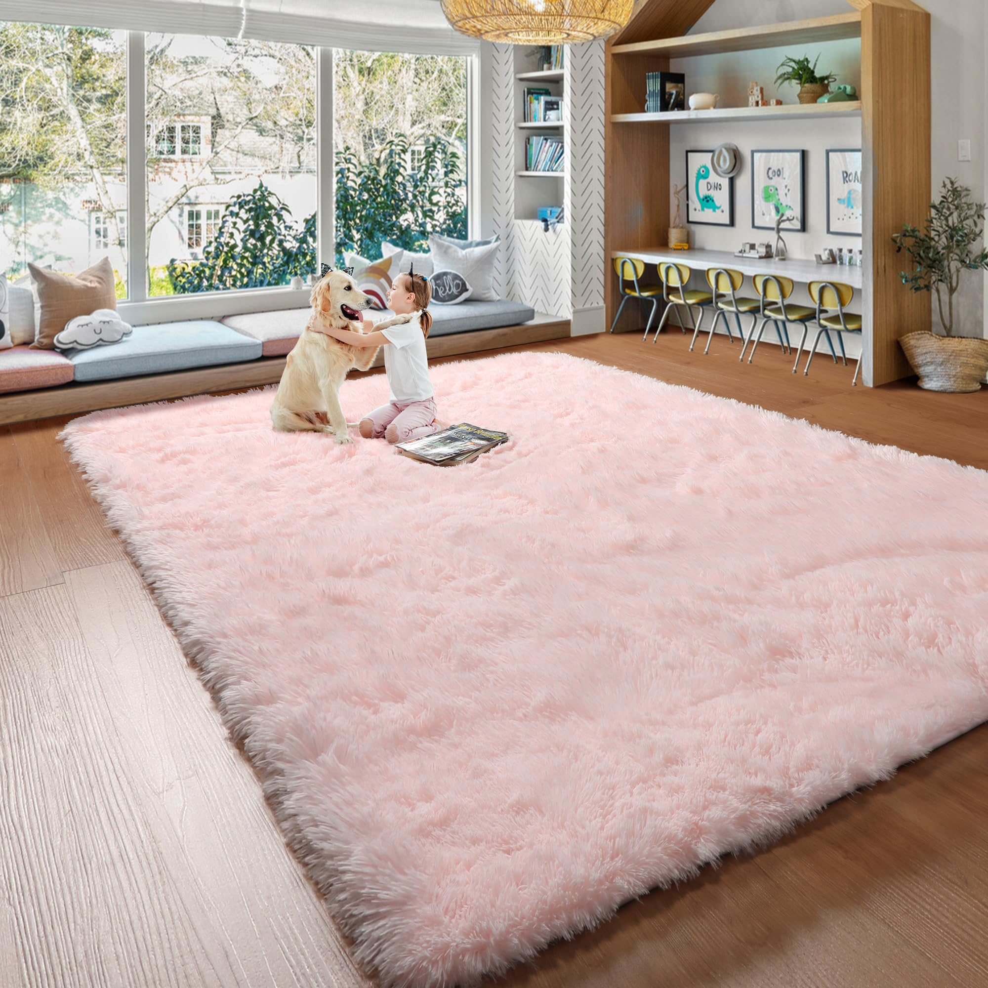 5X8 & 8x10 Pink Fluffy Shag Area Rugs - Ultra Soft Fuzzy Carpet for Living Room, Bedroom, Nursery - Girls Kids Baby Teen Dorm Decor - Playroom Aesthetic Throw Rug for Cozy Home & Floor Decor
