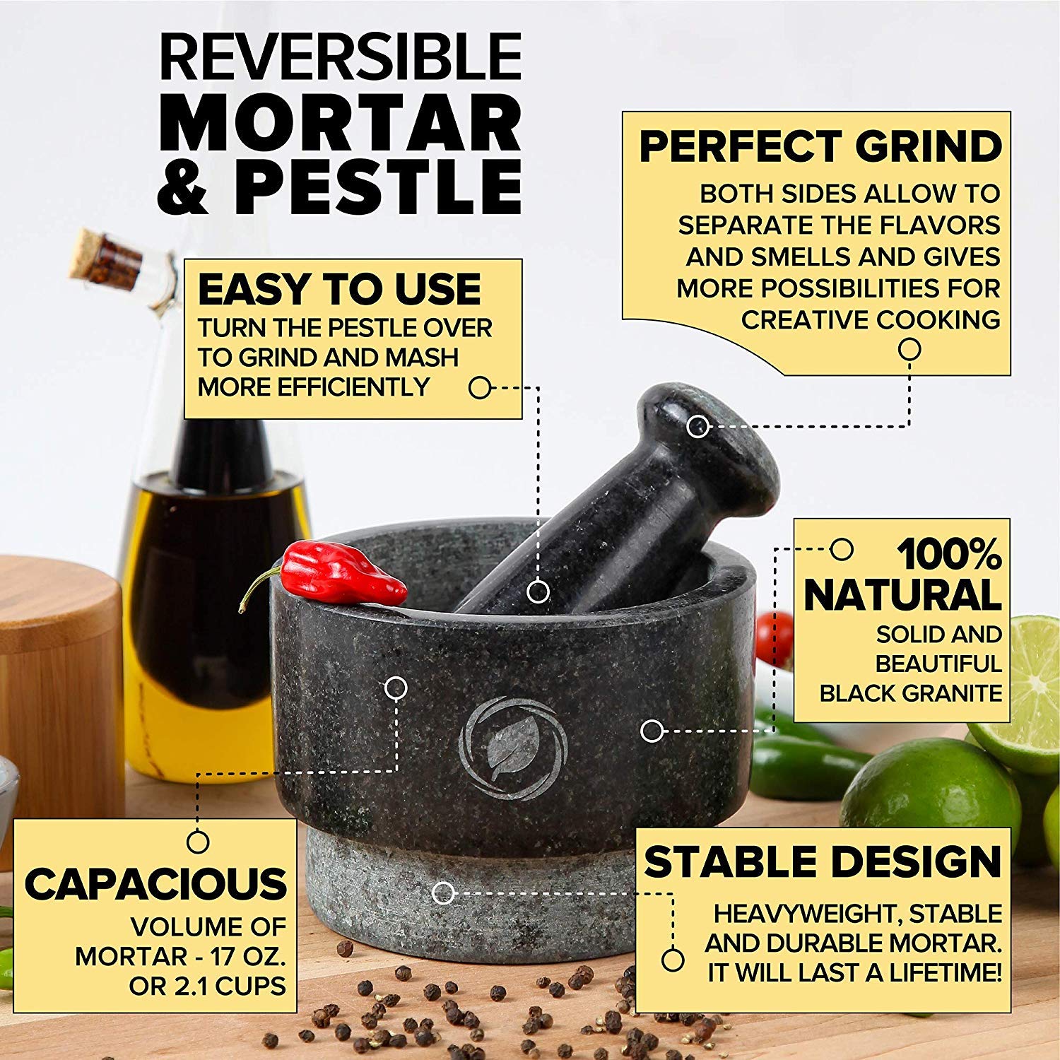 Premium Black Granite Mortar and Pestle Set - 2.1 Cup (5.5 Inch) Large Capacity Stone Spice Grinder & Molcajete - Perfect for Guacamole, Herbs, Spices, Garlic - Ideal for Mexican Cooking, Kitchen, Restaurants, and Home Use