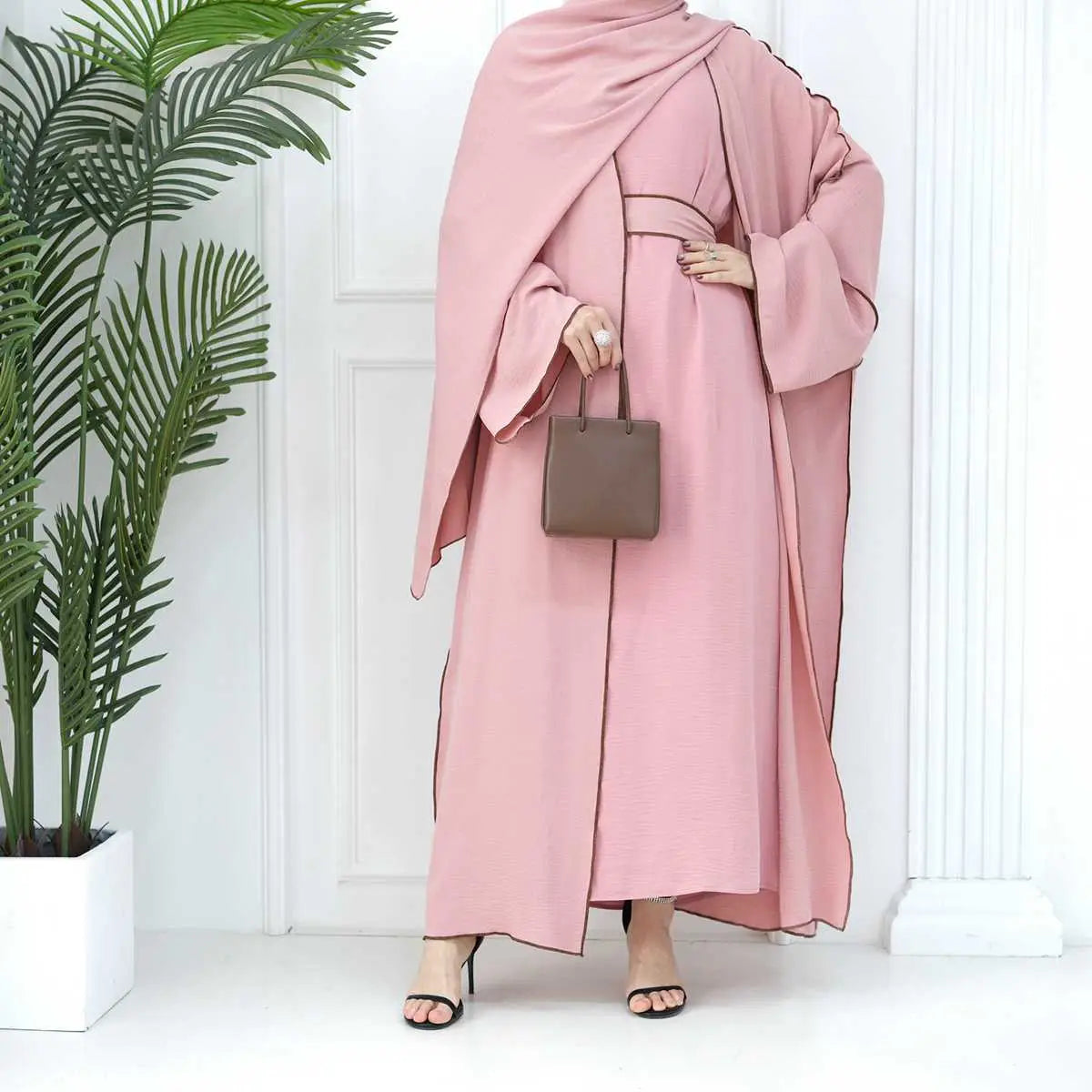 2-Piece Heavy Wrinkle Fabric Open Abaya Dress Set for Women - Modest Muslim Prayer Dress with Long Sleeves - Perfect for Eid, Ramadan & Special Occasions