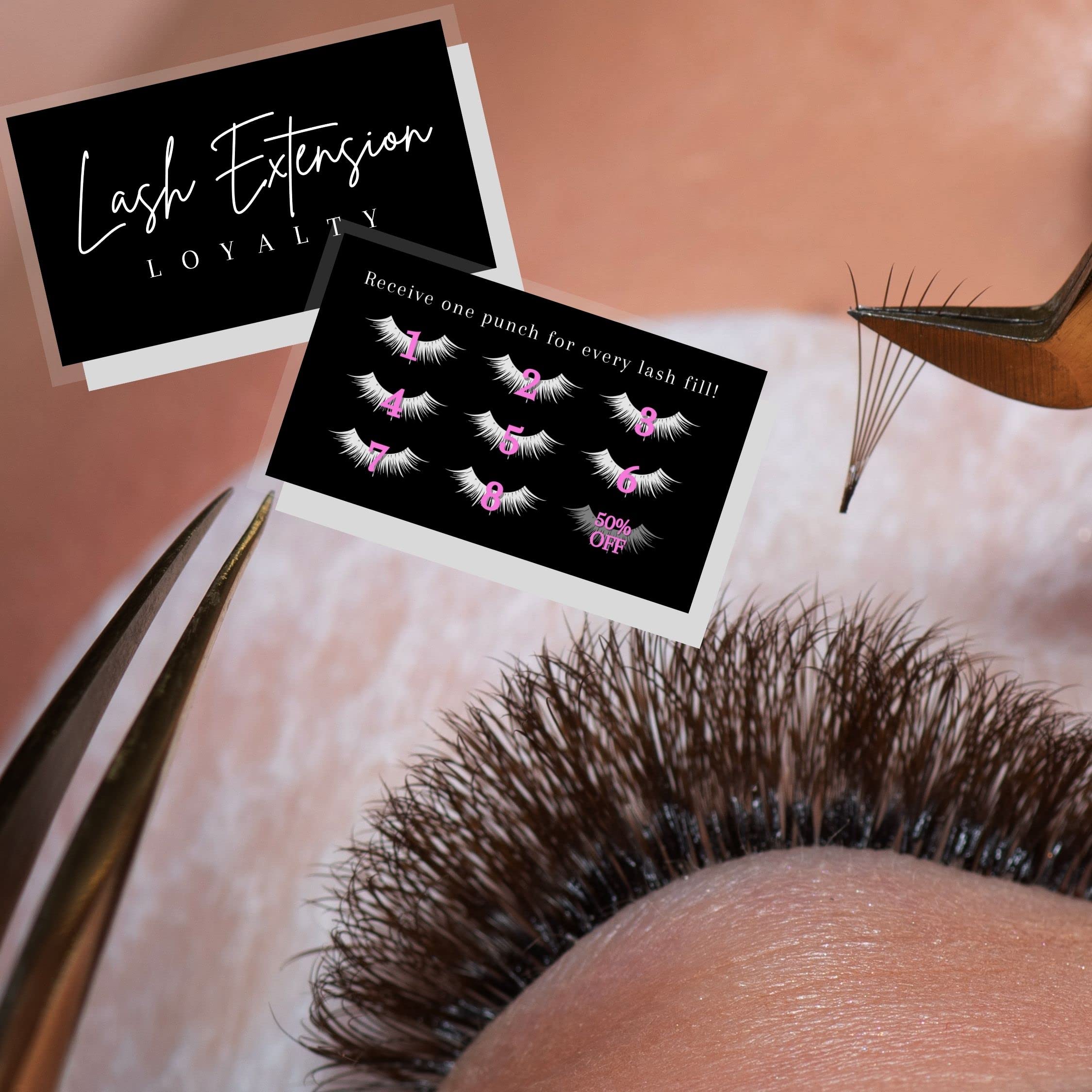 50 Pack Lash Extension Loyalty Punch Cards | 2x3.5 Inch Eyelash Aftercare Cards | Minimalist Black & White Thank You Cards for Lash Artists | Matches Intake Forms & Symbols | Perfect for Client Retention & Salon Marketing