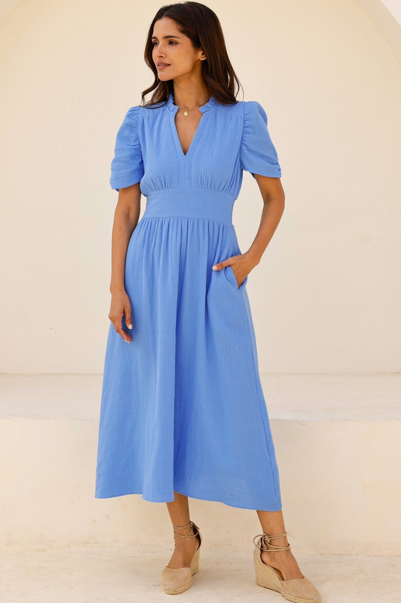 Esha Cheesecloth Dress in Cornflower Blue - Lightweight Boho Maxi Dress for Beach, Summer, and Casual Outings