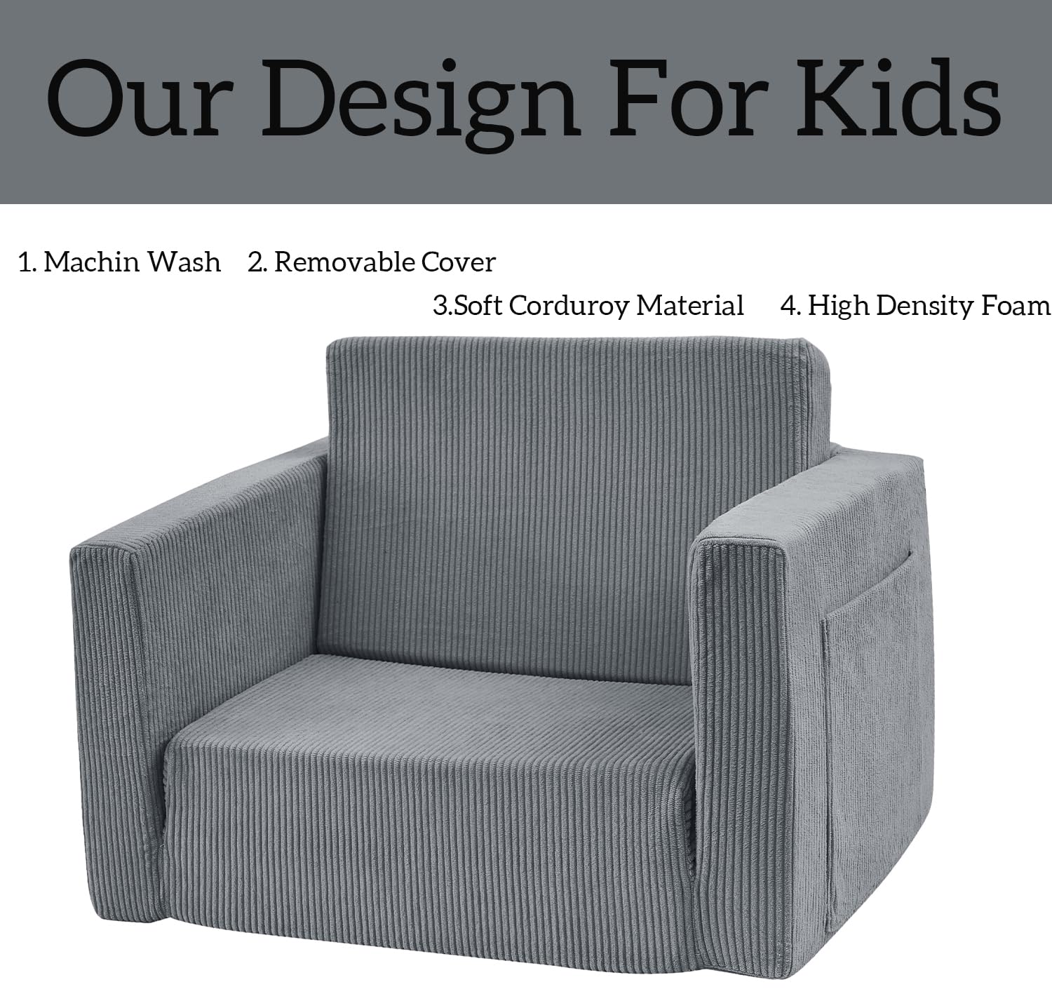 Kids Folding Sofa Chair - Foam Filled Toddler Lounge Chair with Soft Corduroy Cover - Comfortable Bean Bag Couch for Boys & Girls (Dark Grey, Ages 1-3) - Perfect for Playrooms, Bedrooms & Reading Nooks