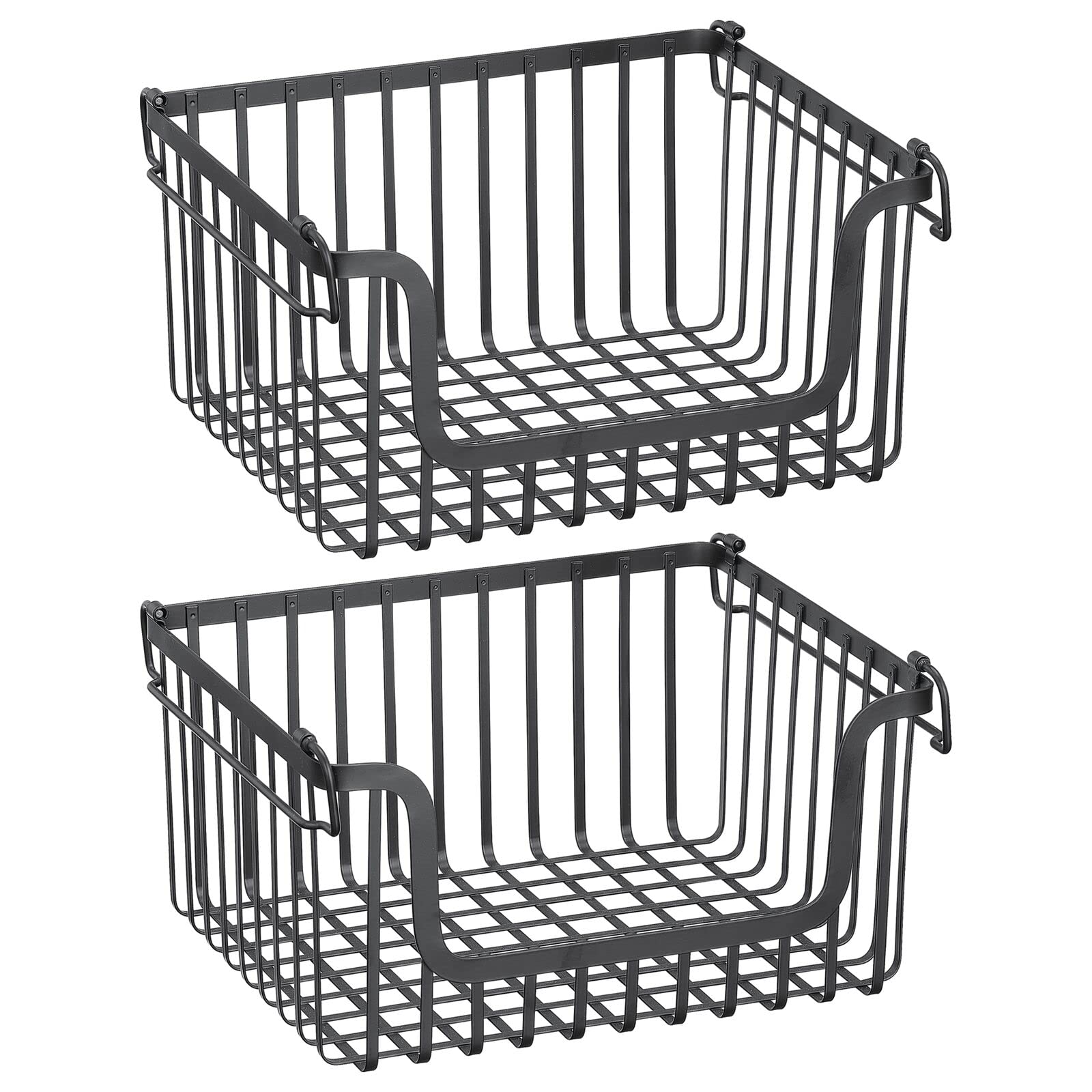 mDesign Large Stacking Wire Baskets - 2 Pack Matte Black Metal Storage Bins for Kitchen Cabinet & Pantry Organization | Perfect for Fruits, Vegetables, Snacks | Space-Saving Open Front Design | Carson Collection | Ideal for Home, Office, Dorm Room Storage Solutions
