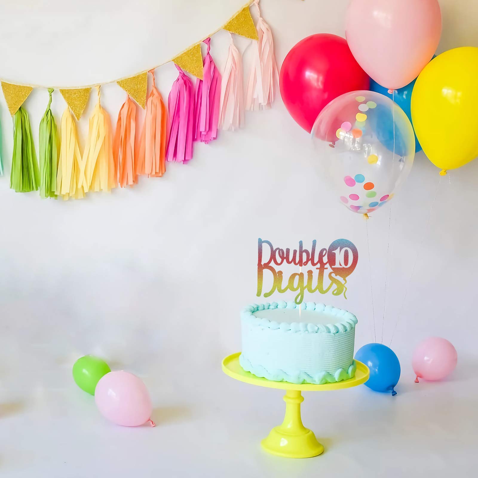 10th Birthday Cake Topper - Rainbow Glitter Double Digits Cake Decorations | 10 Year Old Balloon & Anniversary Party Supplies for Milestone Celebrations