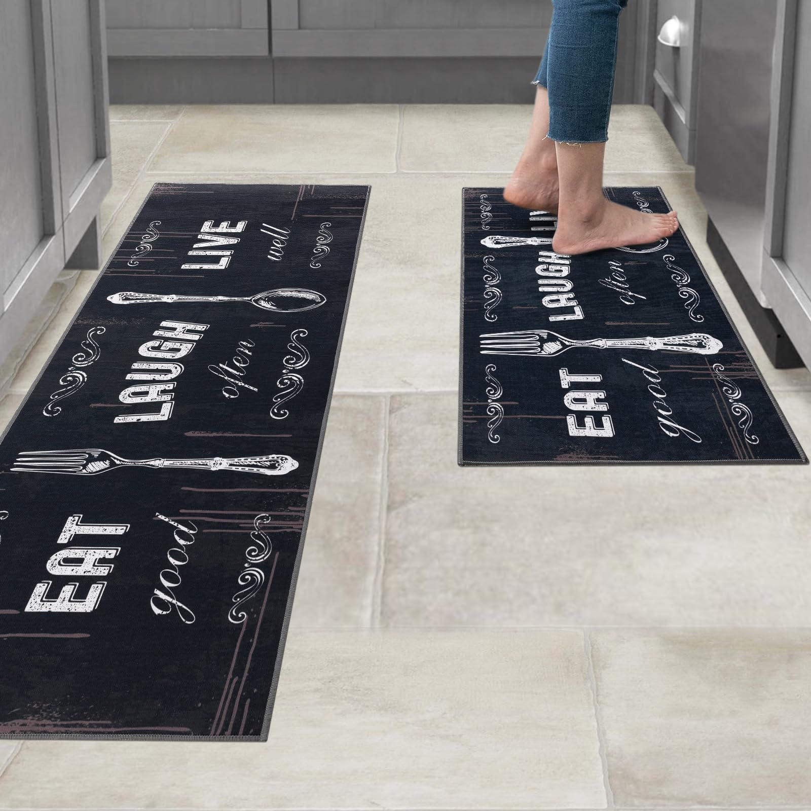 **Non-Slip 2-Piece Kitchen Rug Set - Carvapet Anti-Skid Backing Mats for Floor Protection, Black/Dark Grey Motto Design (17