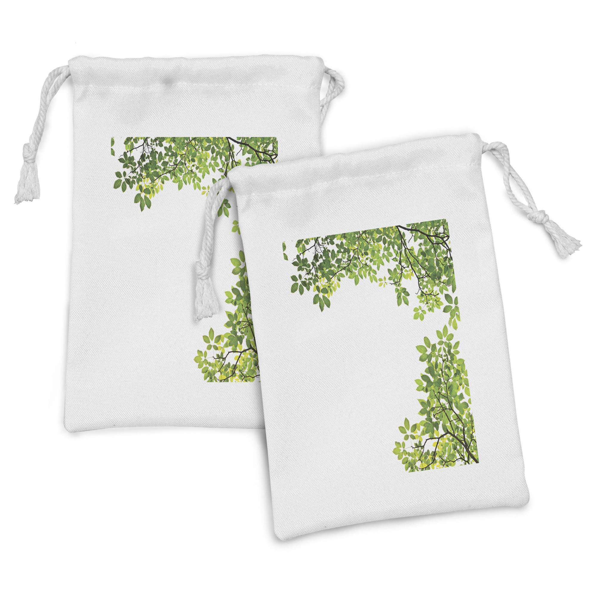 Ambesonne 2-Pack Fabric Drawstring Pouch Set - White & Green Leaf Print (9