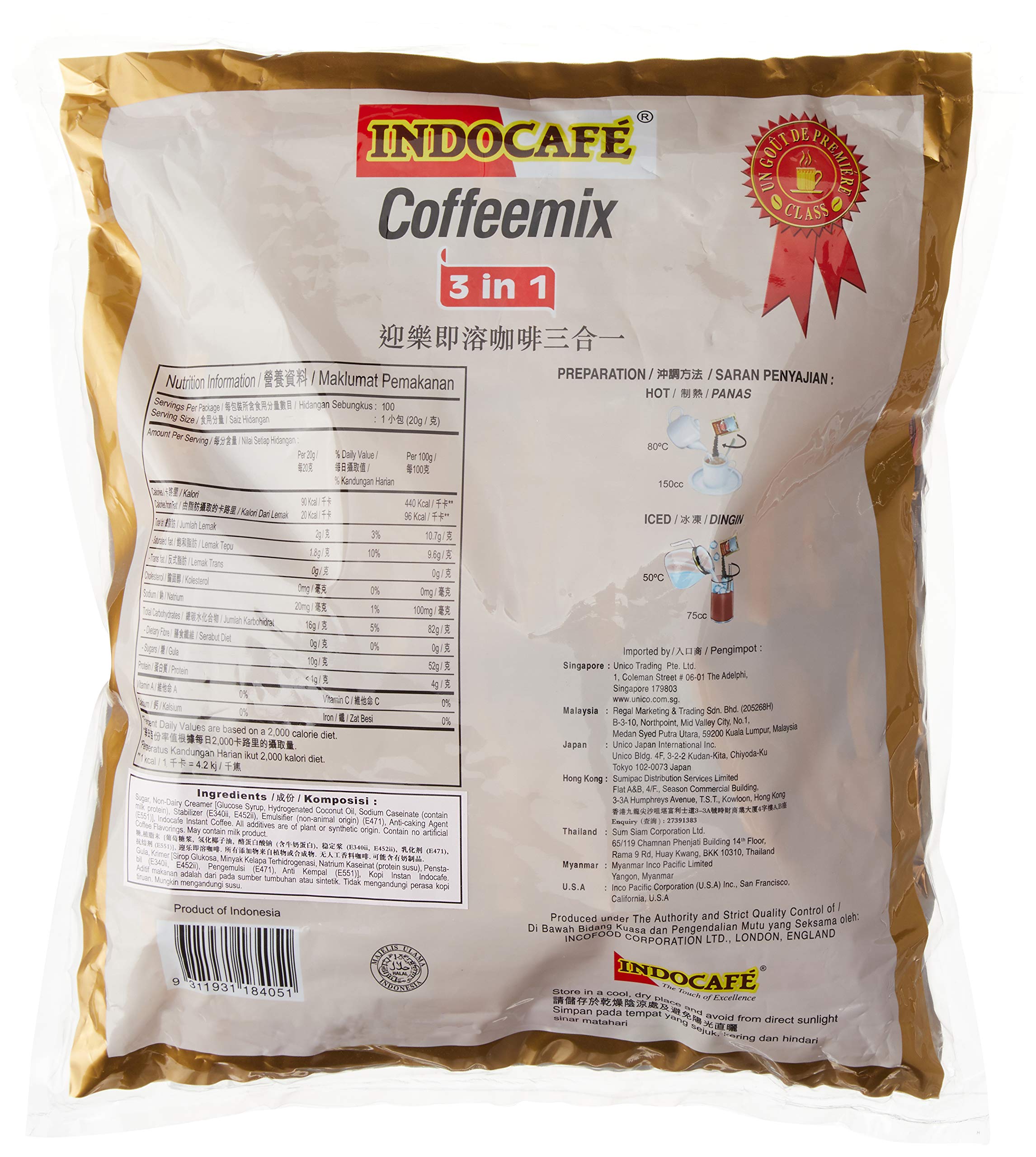 Indocafe 3-in-1 Instant Coffee Mix - 2000g (70.54oz) 100 Packets - Rich & Creamy Coffee Blend - Perfect for Office, Home & Travel Use