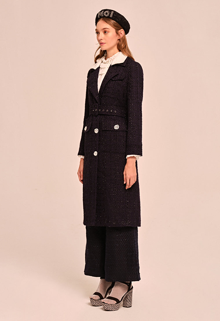 Stylish Straight Cut Tweed Long Coat for Women - Classic Winter Outerwear for Office, Dating & Formal Occasions