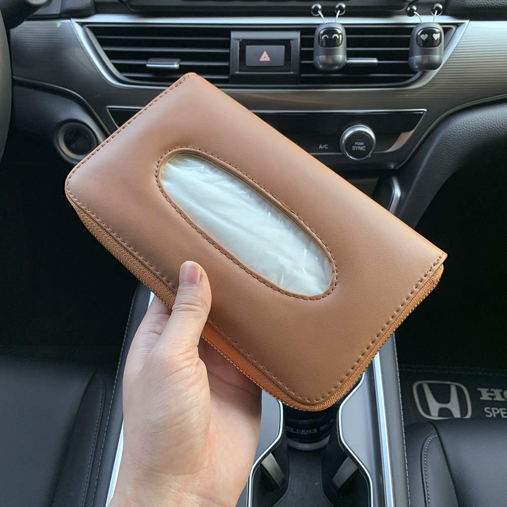 Premium PU Leather Car Tissue Holder with Zipper - Sun Visor & Backseat Napkin Organizer for Vehicle (Brown) | Perfect for Road Trips, Daily Commutes & Family Travel